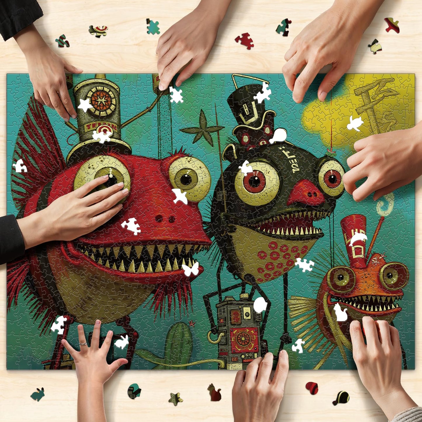 Naturelish 1000 Piece Puzzle for Adults, Quirky Piranha-Inspired Artwork with Unique-Shaped Pieces, Matte Texture, Color-Coded Backing, Challenging Gift for Puzzle Lovers 26.6 x 19.2 in