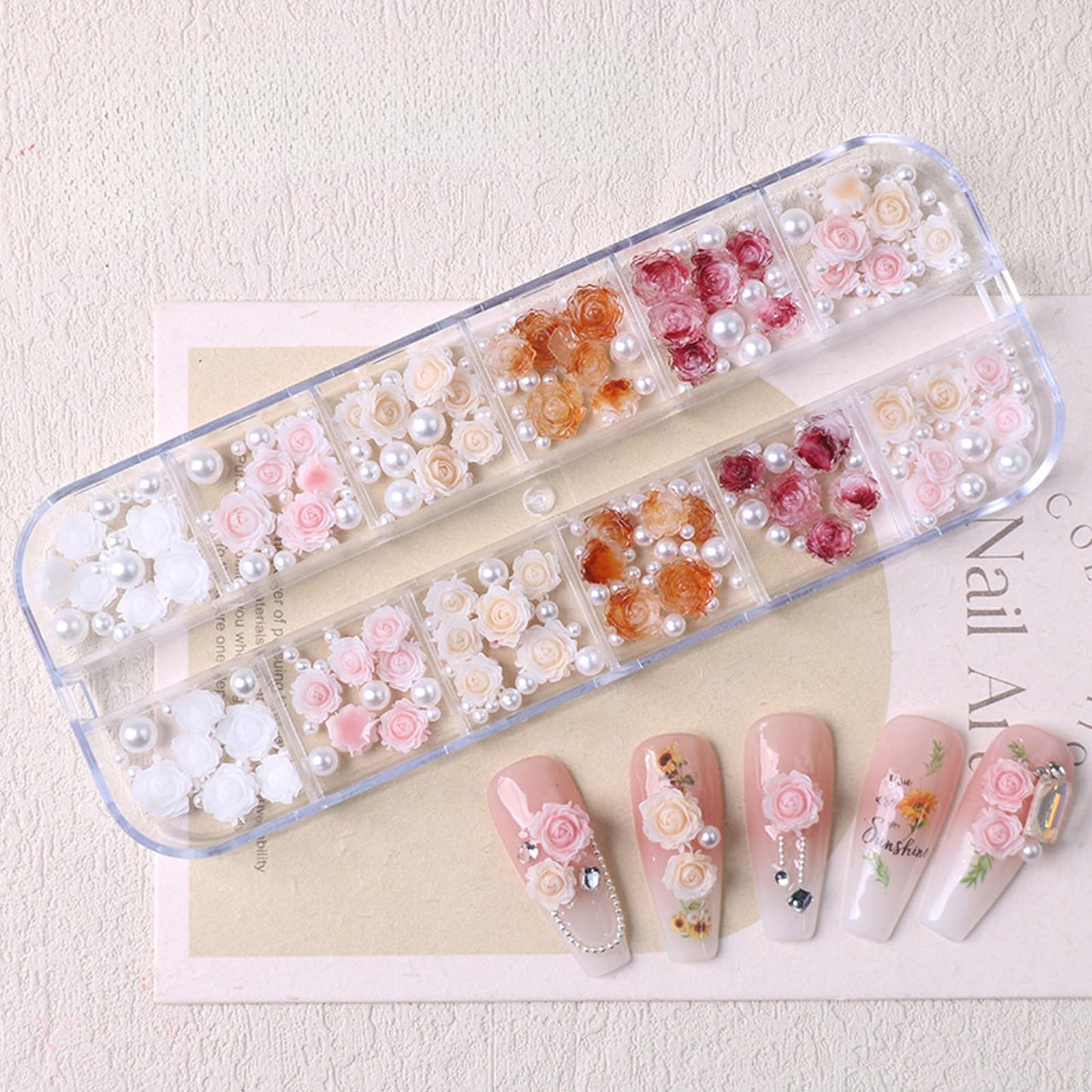 JERCLITY 3 Boxes Nail Decoration Set 48pcs Chiffon Fabric Bow Nail Charms 48pcs Ribbon Bow Charms 72pcs Rose Nail Charms with Pearls for Women Nail Art