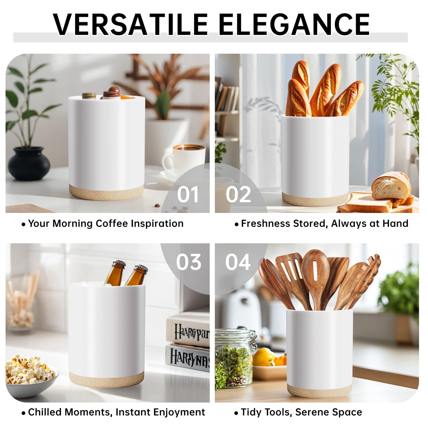 Taxenxar Ceramic Kitchen Utensil Holder for Countertop, Modern Crock with Non-Slip Cork Base, Counter Organizer for Cooking Tools , White