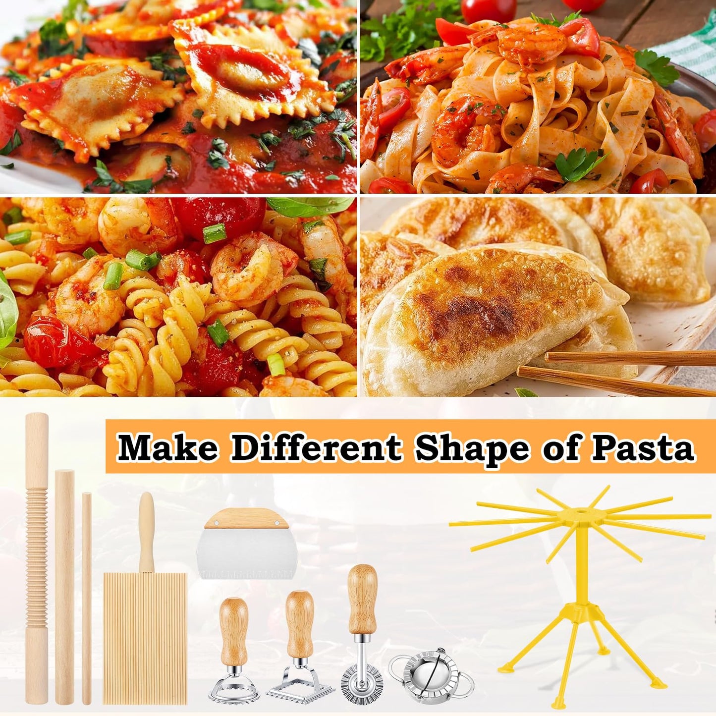 10 Pcs Gnocchi Pasta Making Tools kit, Pasta Drying Rack, Gnocchi Board, Cutter, Ravioli Stamp, Wood Threaded Pasta Roller Pin Set, Noodle and Dumplings Maker, Homemade Kitchen Gift for Pasta Lovers