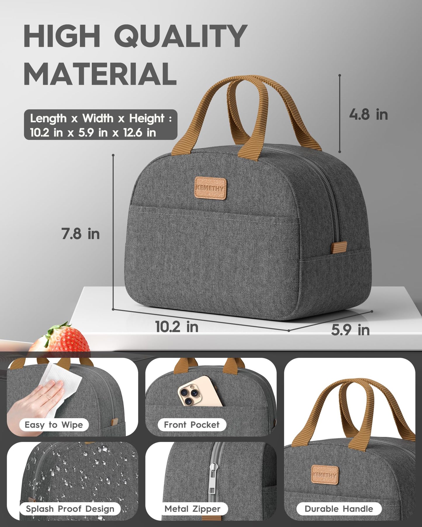 KEMETHY Adults Bento Lunch Box Set with Thermo Bag, 74oz Stackable Leak-proof 3-tiers Bento Box, Built-in Utensil and Sauce Container for Work, School, Dining Out (Gray)