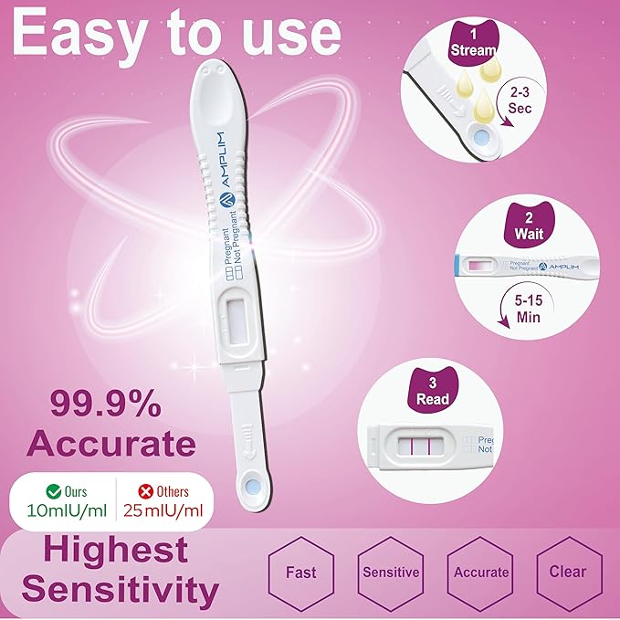 Amplim Fertility HCG Midstream or Dip Pregnancy Test Sticks | FSA & HSA Eligible | 99.9% Accurate, Ultra Sensitive 10 MIU/mL, 6 Days Early Detection Results at Home | Rapid 2-Second Test | 10-Pack