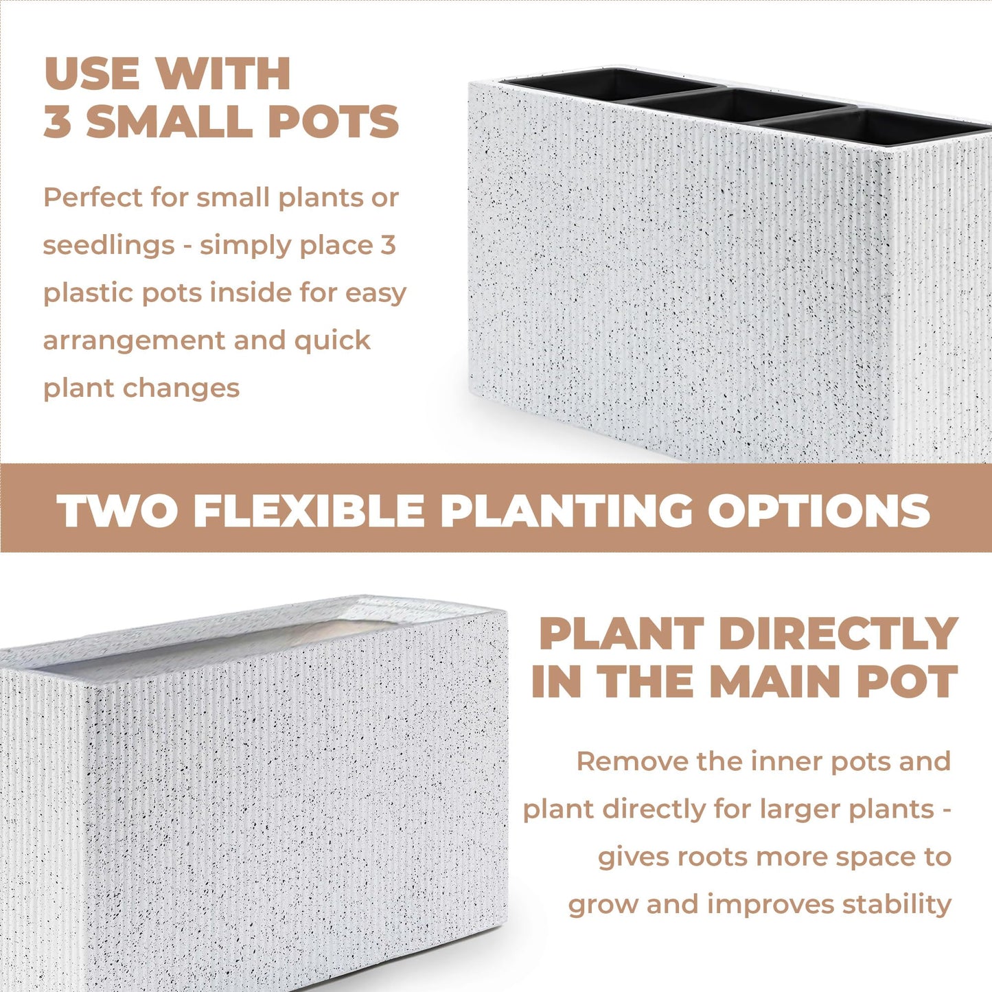 DEPLA LANE Trevano Fiberstone Rectangular Planter (26" L x 9.8" W x 15.7" H) Ribbed Finish, Removable Inner Pots, Lightweight, Durable, UV Resistant, Modern Indoor Outdoor Plant Pot (M, Ribbed White)