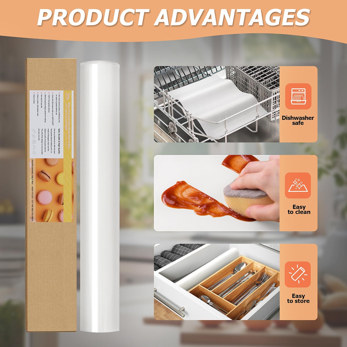 MMmat Silicone Baking Mat Roll, Non-Stick Heat Resistant Food Grade Baking Mats, Non-Slip Reusable Air Fryer Linner, Freeze Dryer Mat, Counter Mat, Oven Liner, Refrigerator Liners - 12IN x 8FT