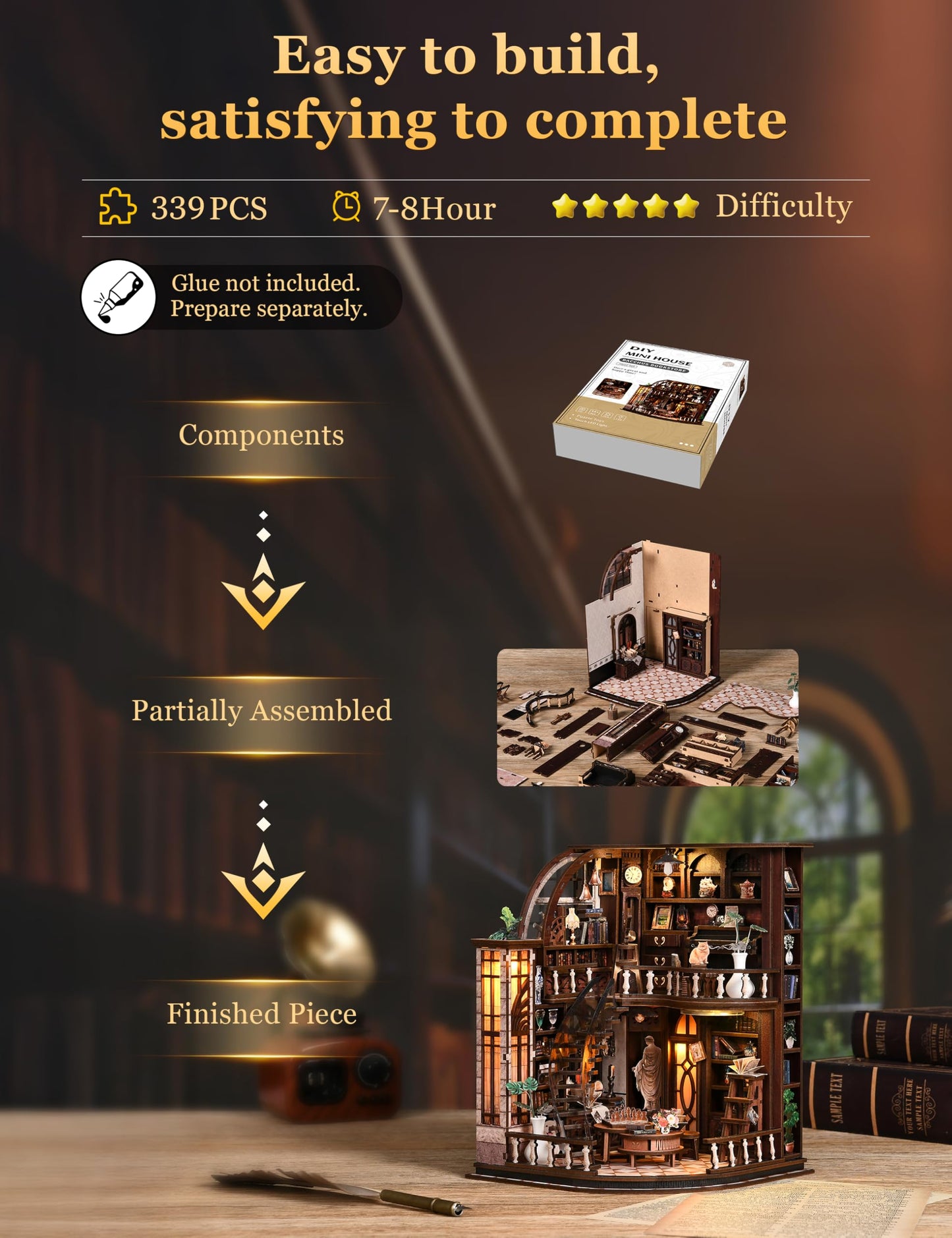 BESSERITE Book Nook Kit for Adults, Basque Study DIY Miniature House Kit, Two-Story Tiny House with Spiral Staircase, 3D Puzzles for Adults, Retro Diorama Bookshelf Decor