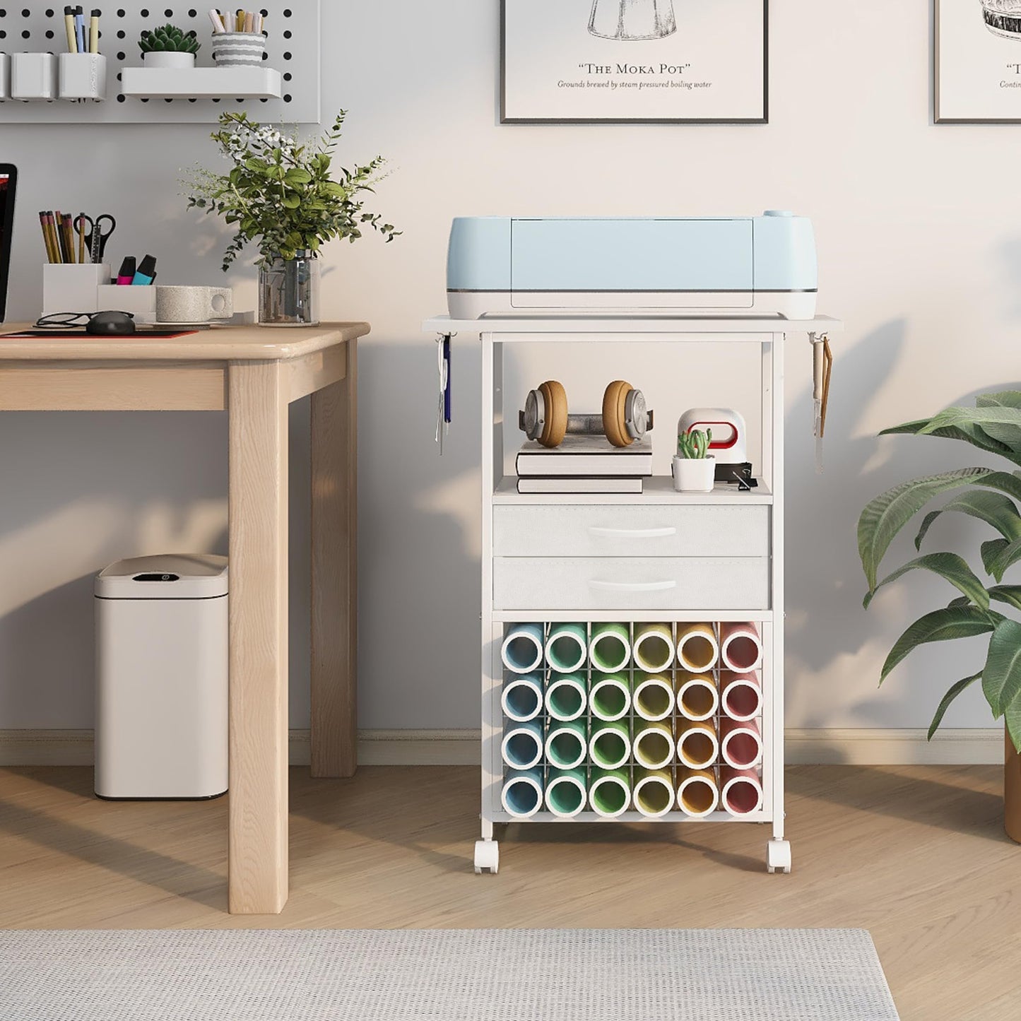 VENNQD Organizer and Storage Stand Compatible with Cricut Machines,Rolling Storage Cart/Shelf with 24 Vinyl Roll Holders，2 Fabric Drawer,Accessories Holder,Tool Hook for Craft Room Home (white)