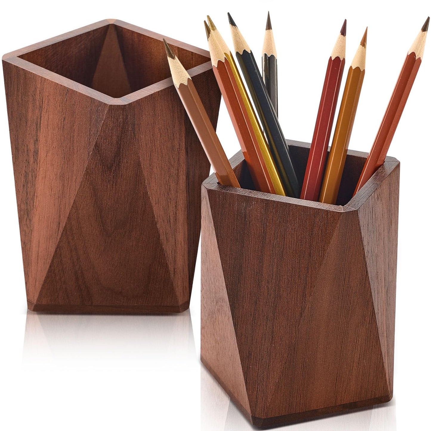 Henoyso 2 Pcs Wood Pen Pencil Holder Geometric Pencil Cup Stand Makeup Organizer for Pen Holder Desk Home Office Adults(Black Walnut)