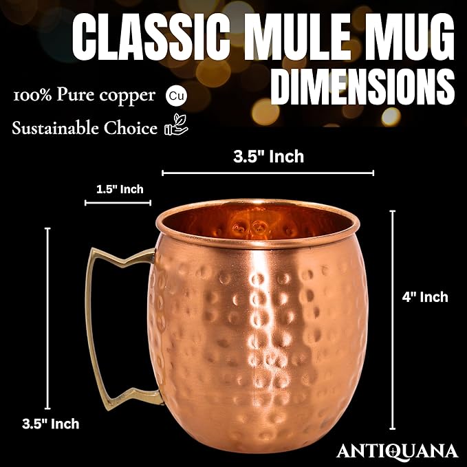Moscow Mule Mugs - Set of 4-100% Pure Copper Mugs Large 16 oz - Premium Moscow Mule Cups Set of 4 - Solid Copper Cups Perfect Premium Gift (Brass Handle)
