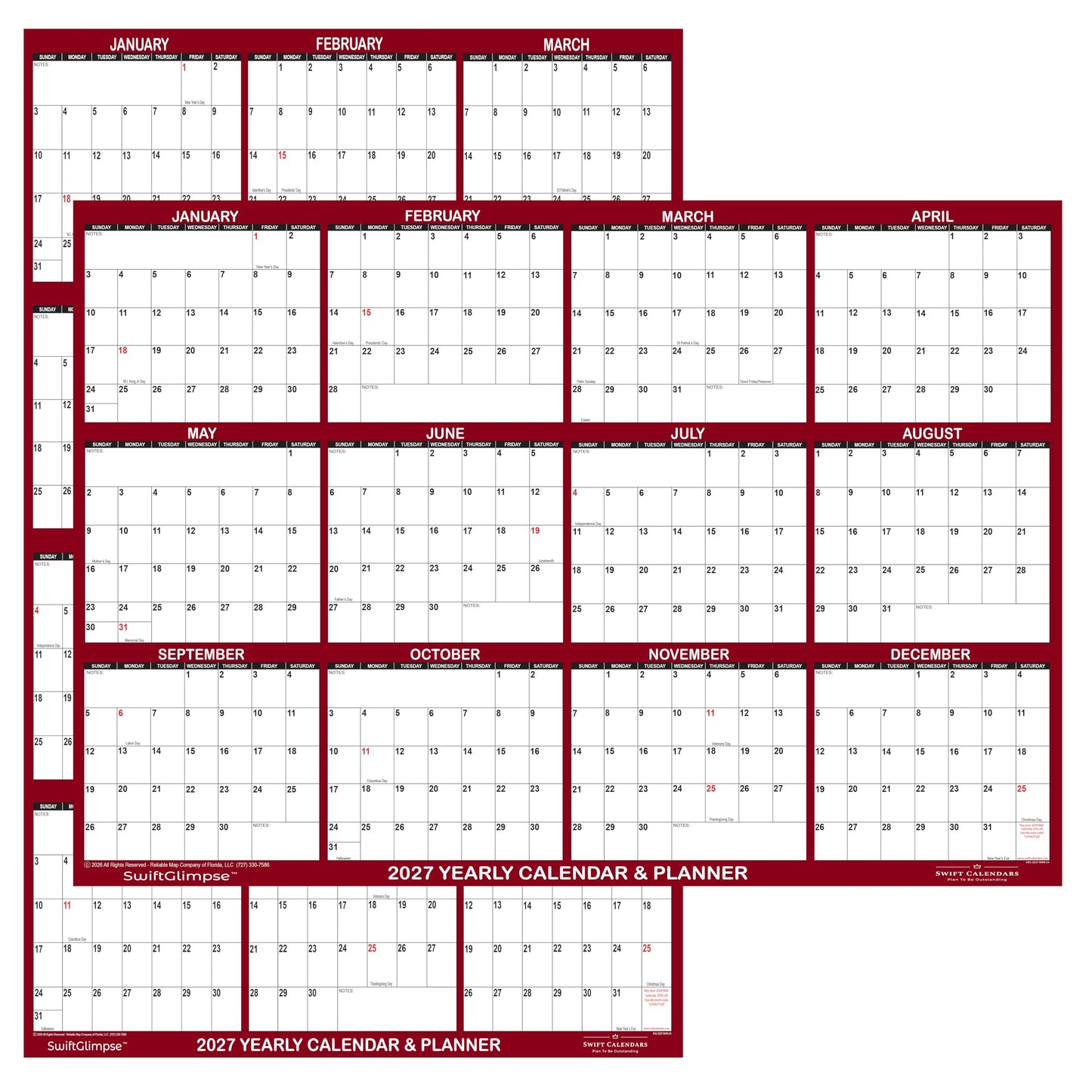 32" x 48" SwiftGlimpse 2027 Wall Calendar Erasable Large Wet & Dry Erase Laminated 12 Month Annual Yearly Wall Planner, Reversible, Horizontal/Vertical, Burgundy