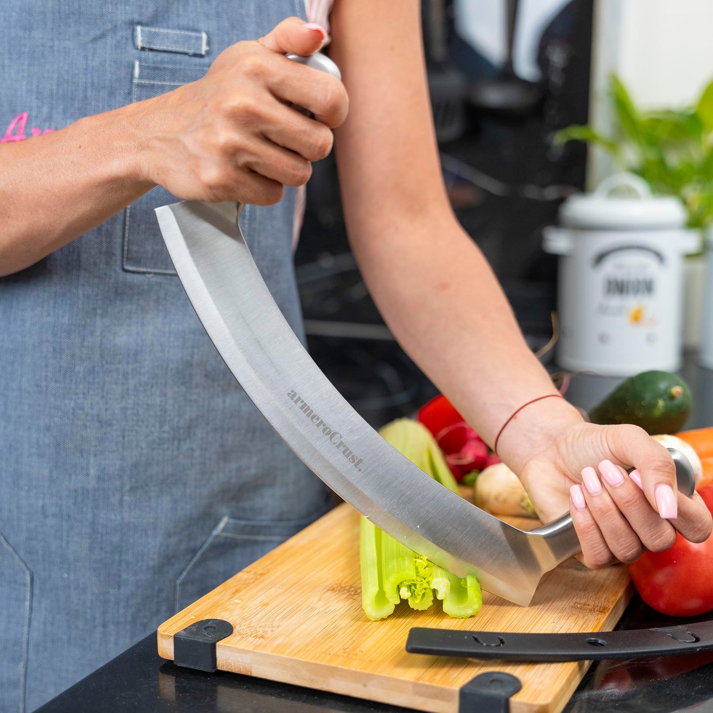 armeroCrust Mezzaluna Knife with Double Handle for Extra Stability - 12 Inches - Pizza Rocker for Precise Slicing of Thick Crust - Grade 18/0 Stainless Steel with Premium Finish