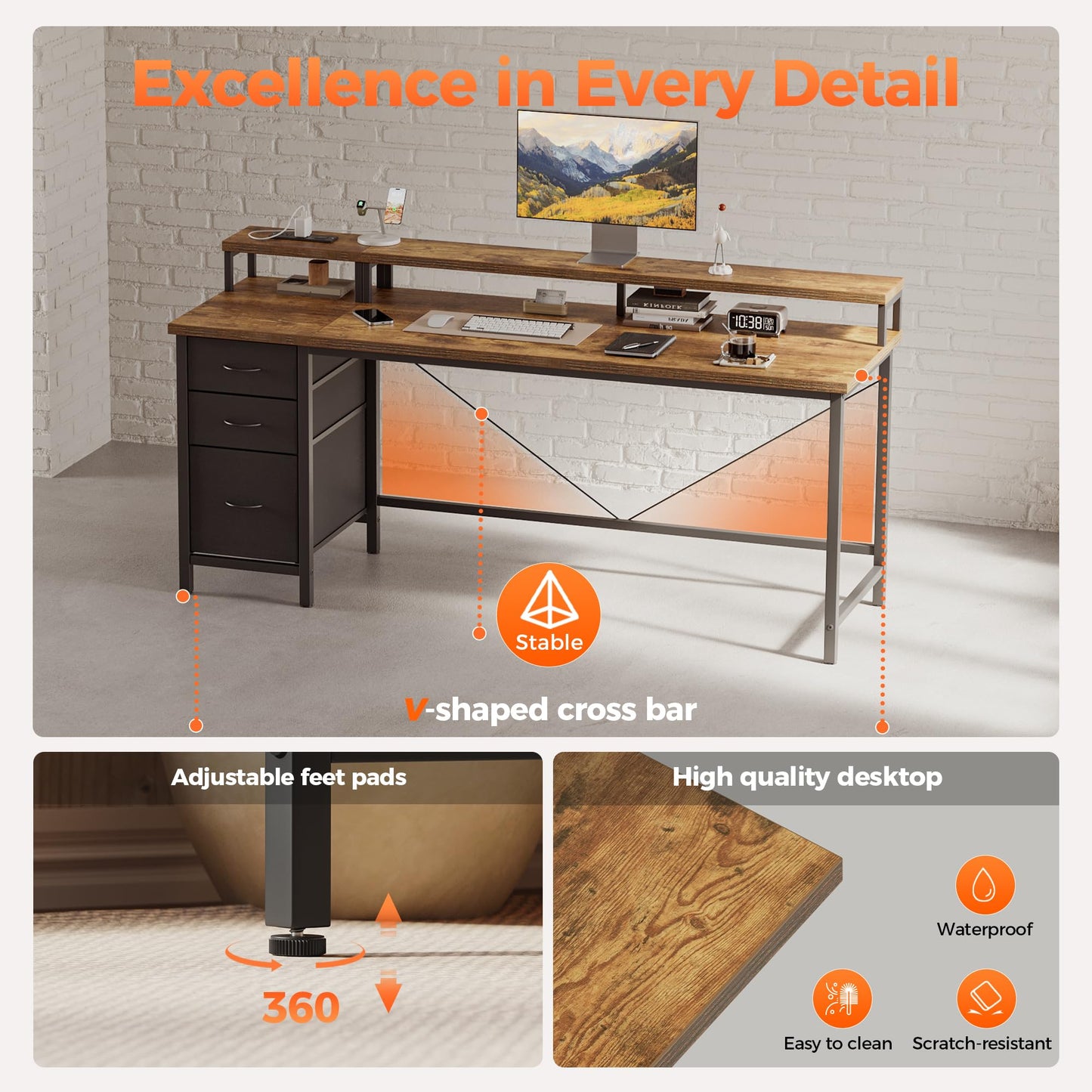 Mericonia Computer Desk 55 inch with Power Outlets & LED Lights, Gaming Desk with 3 Drawers for Home Office, Small Desk with Monitor Stand for Small Spaces, Study Writing Desk