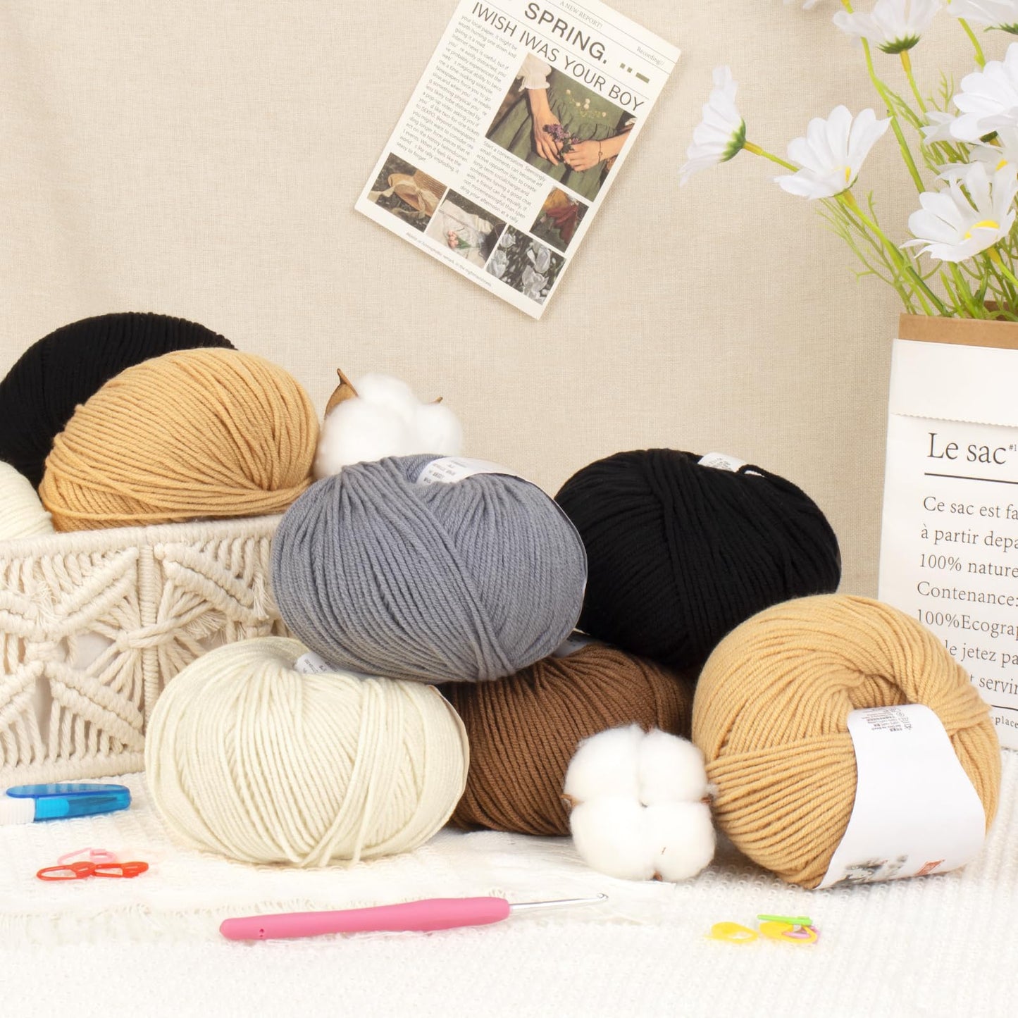 Katech 20 Skeins Cotton Yarn for Crocheting-55% Cotton 45% Acrylic-#3 DK (Light)-Super Soft Milk Cotton Yarn-Great Crochet and Knitting Starter Kit for Colorful Craft（Color D）