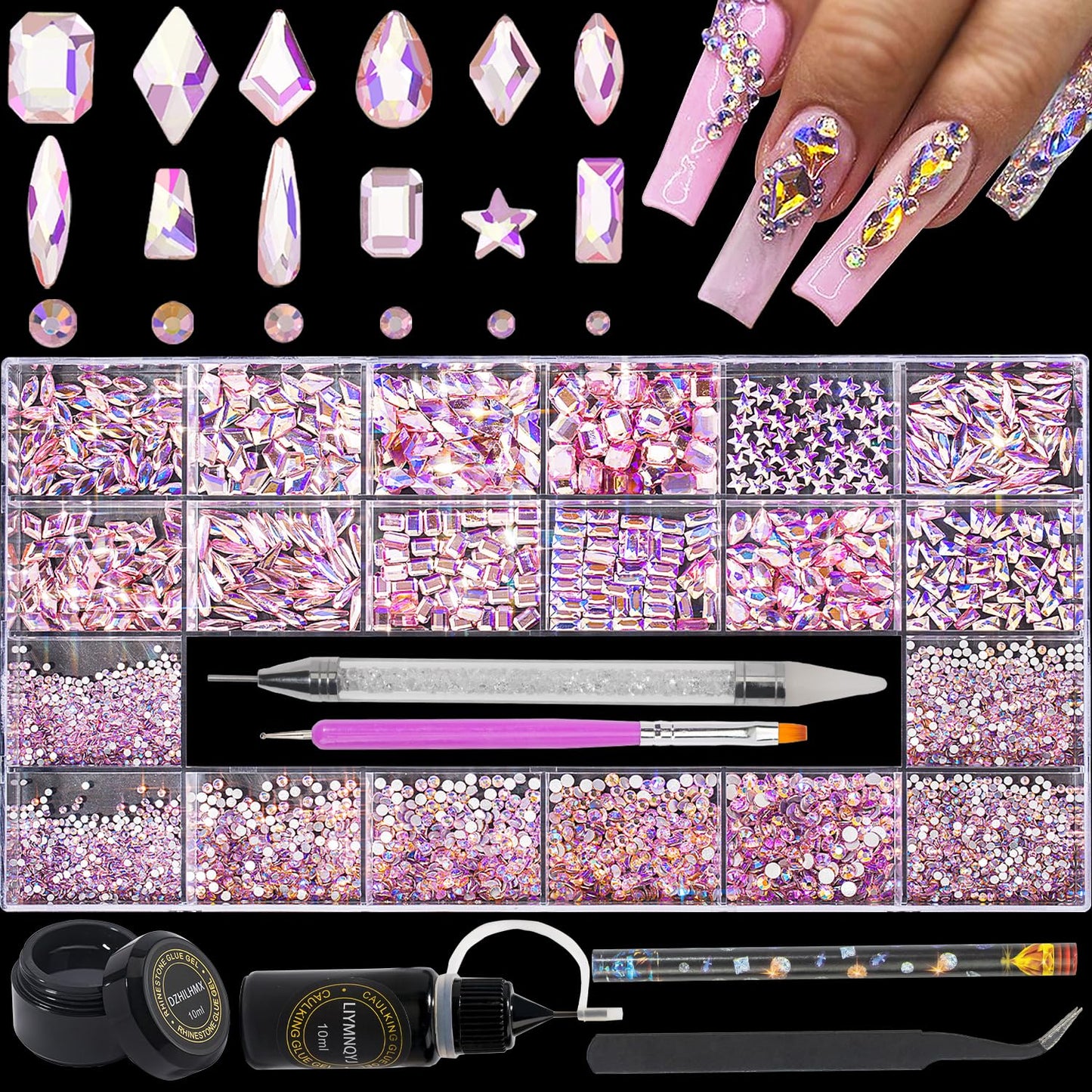 DZHILHMX Nail Rhinestones - 4300pcs Crystal Pink AB, Multiple Shape Gems, Flat Back Rhinestones, with Kit and Glue Gel, for Nail Art