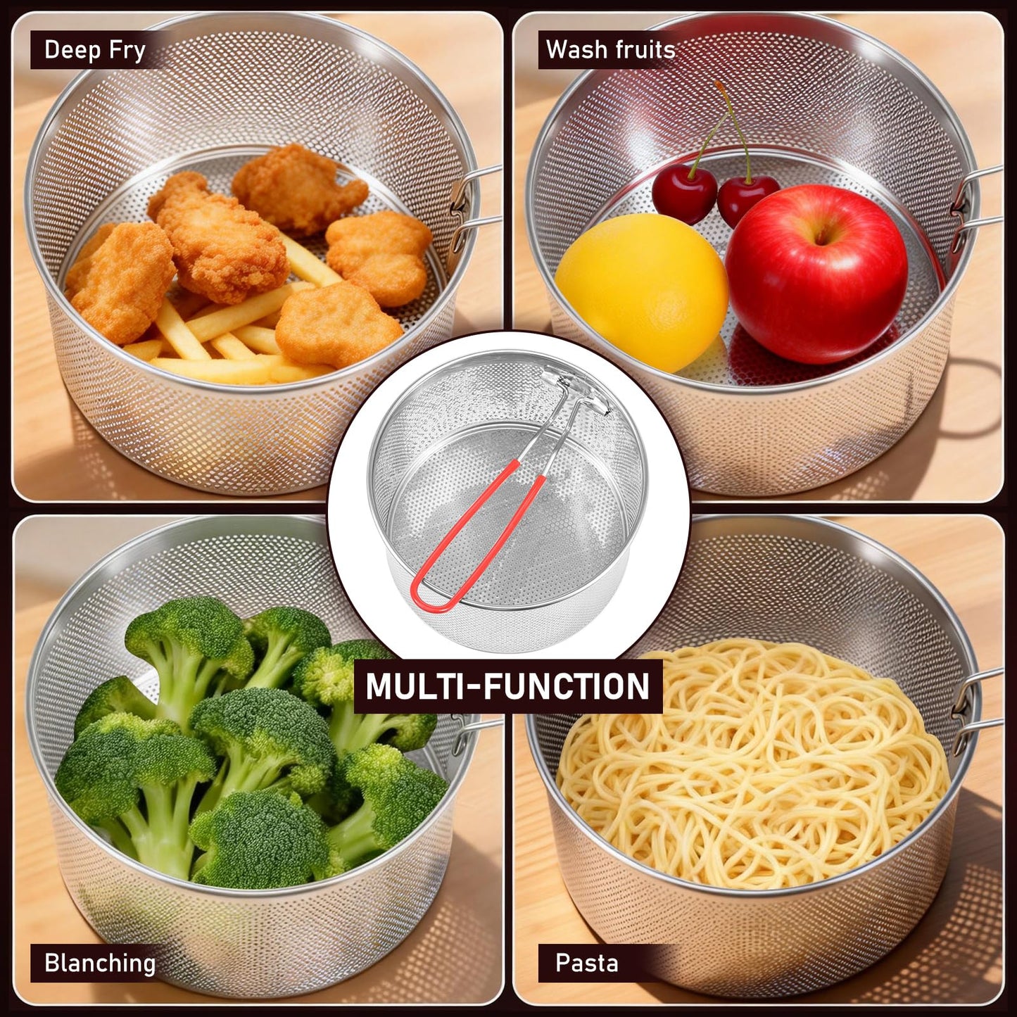 3 Pcs Stainless Steel Pasta Strainer Set with Removable Handles, 5.4" 6.2" 7" Spider Strainer Skimmer Basket for Boiling, Deep Frying & Blanching, Professional Noodle Colander