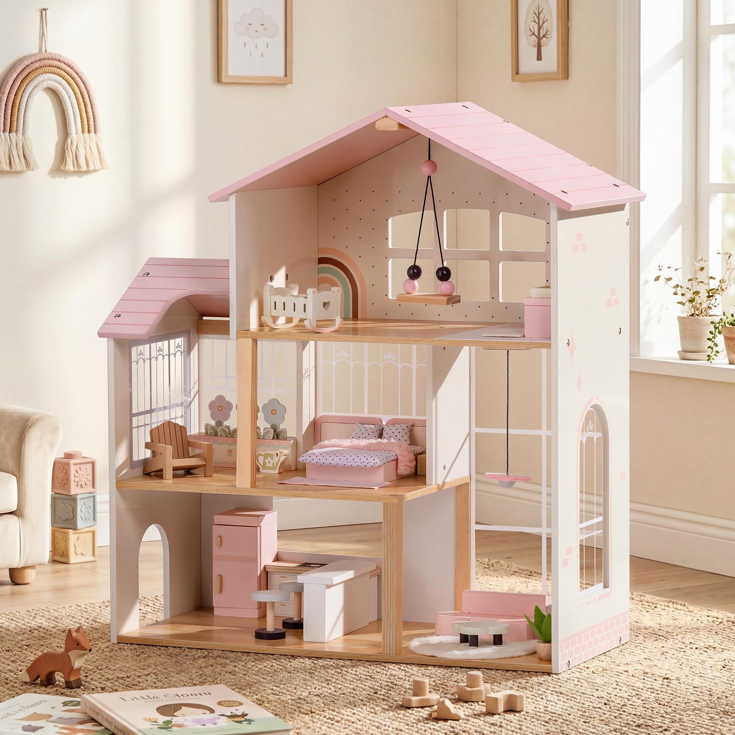 ROBOTIME Doll House for Girls – Three-Story Wooden Dollhouse with 6 Open Rooms, Transparent Conservatory, 37Pcs DIY Modular Furniture Accessories, Pretend Dollouse Creative Gift for Girl Ages 3+