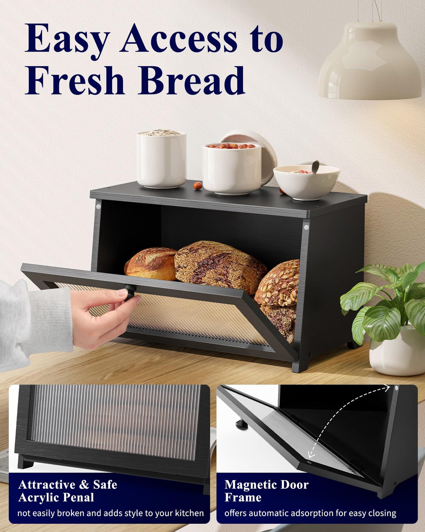 Kitsure Bread Box - Wooden Bread Box for Kitchen Countertop, Large Capacity Kitchen Countertop Organizer, Stylish Bread Storage with Window, Multi-functional Container, Black, 15.0"x8.3"x9.1" (1T)