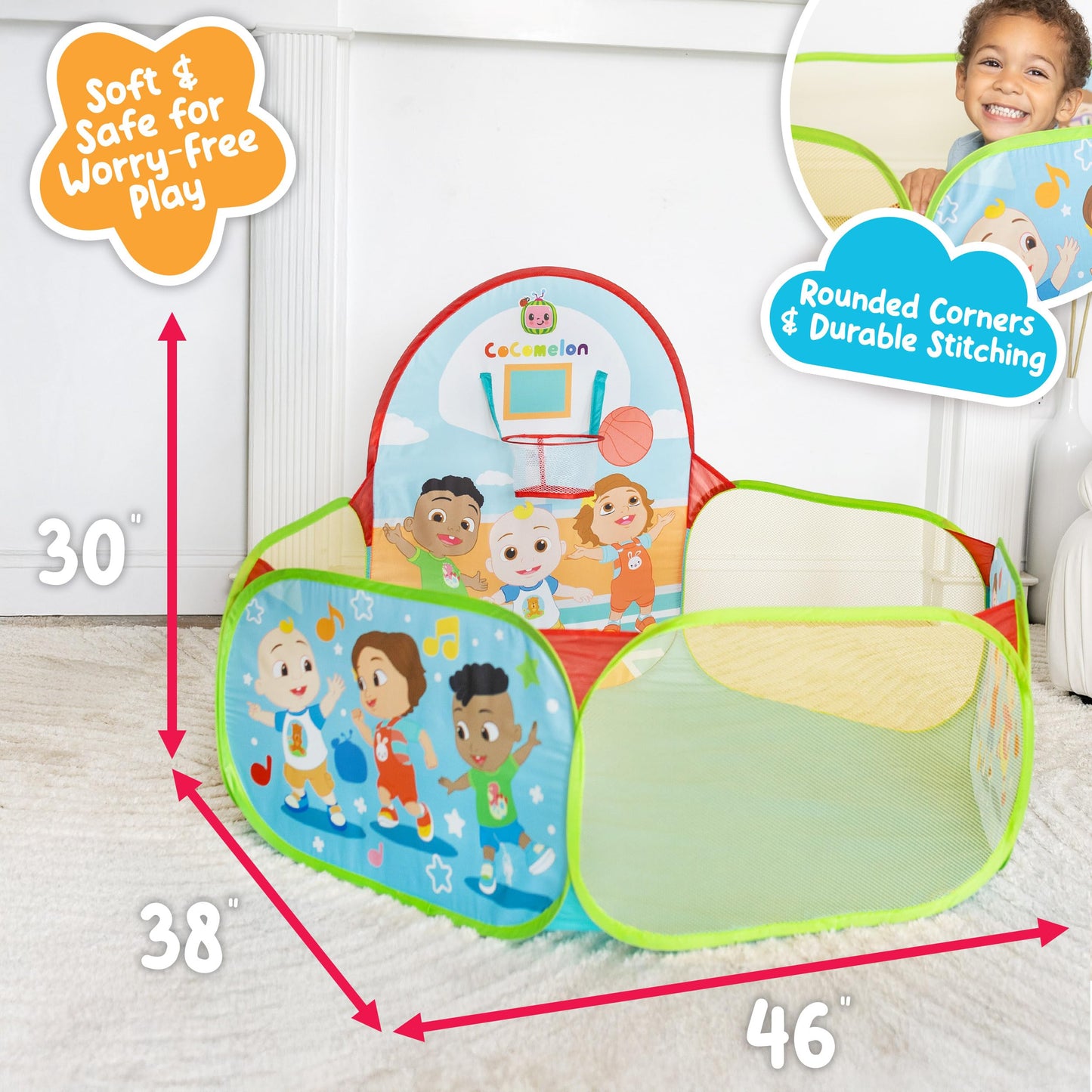 CoComelon Playground Ball Pit, Pop Up Tent with 25 Play Balls and Basketball Hoop, Toddlers 18M+