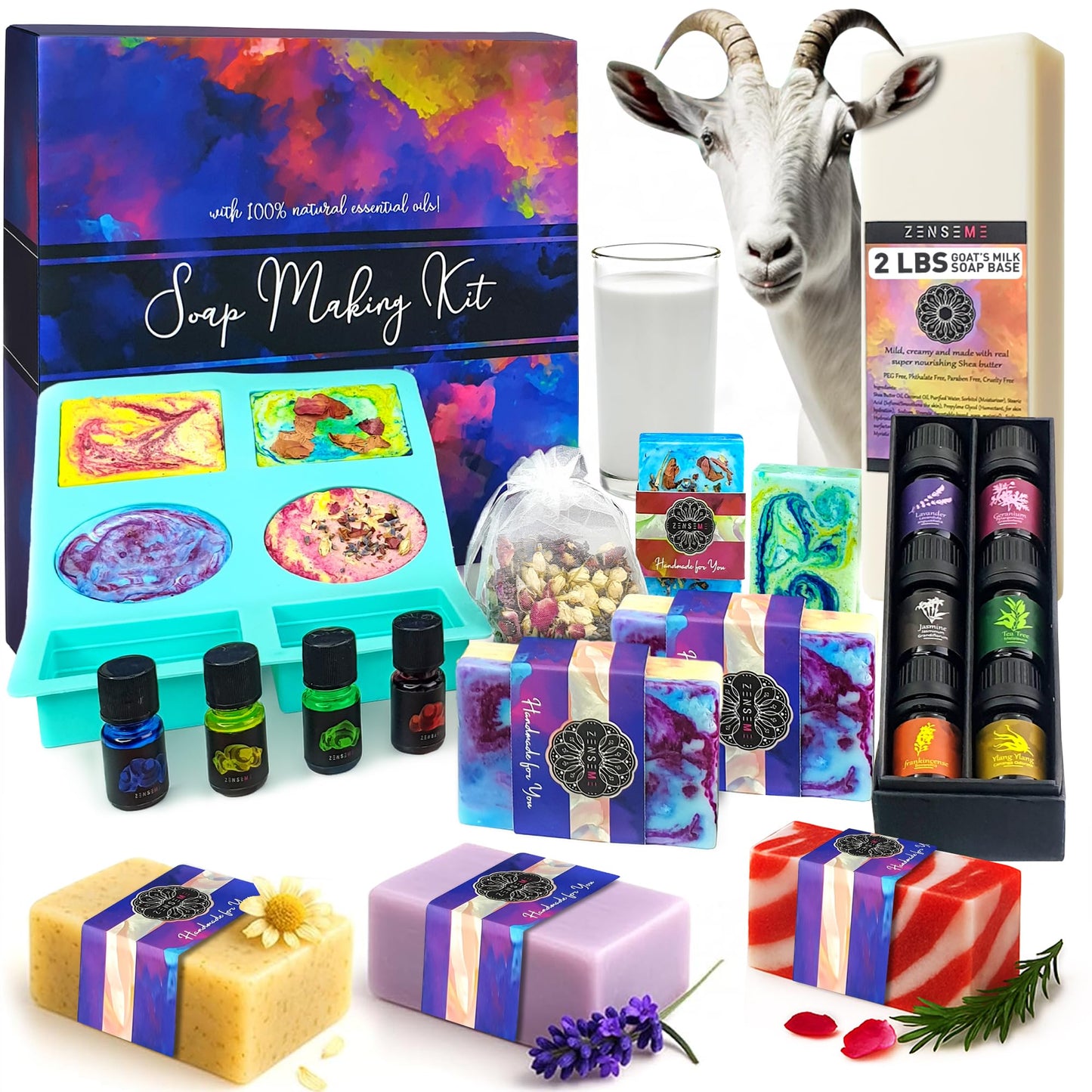 Soap Making Kit for Adults, Make Your Own Soap with Melt & Pour diy gentle soap supplies; 6 Essential Oils, Silicone Soap Mold, Spoon, Dried Flowers, 1.5lbs. Goats Milk Soap Base, 4 Colors, 9 Labels