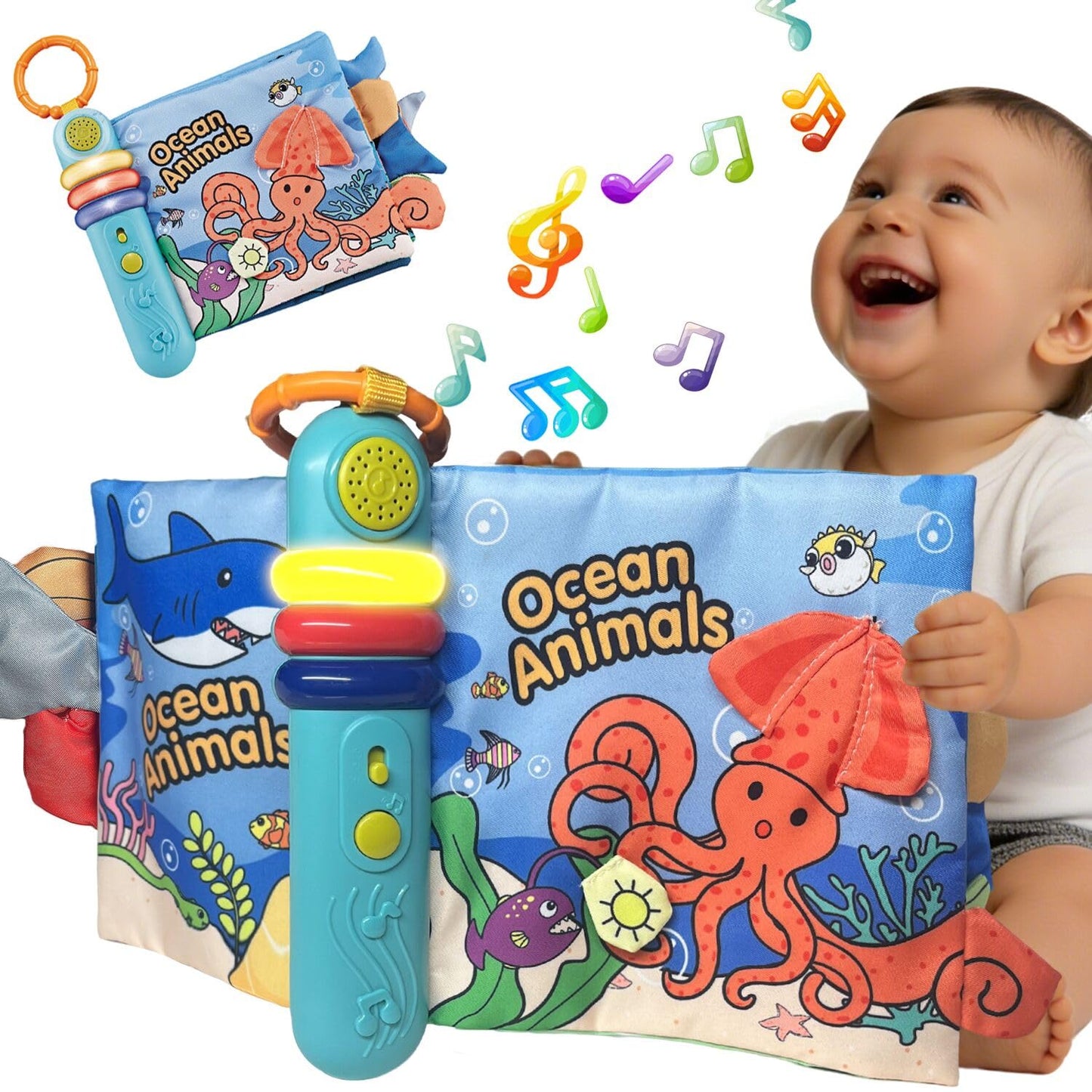 GauJat Cloth Books for Babies 0-6-12 Months, Interactive Soft Sensory Toy with Lights, Sounds & Music, Bite-Proof Educational for Newborns, Infants & Toddlers 0-3 Years (Ocean Animals)