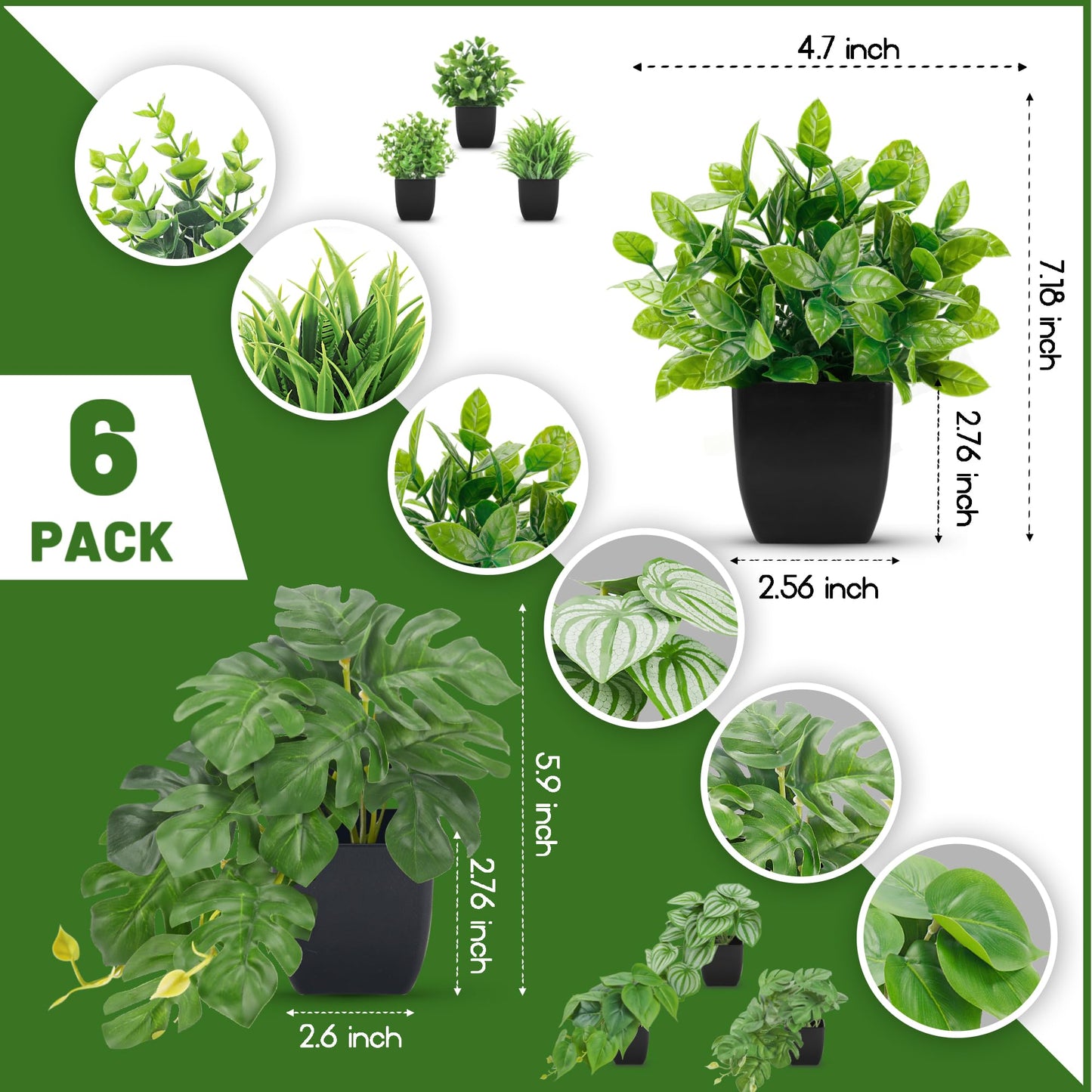 Der Rose 6 Pack Fake Plants Small Artificial Plants in Black Pots for Home Office Desk Bathroom Aesthetic Farmhouse Room Decor Indoor