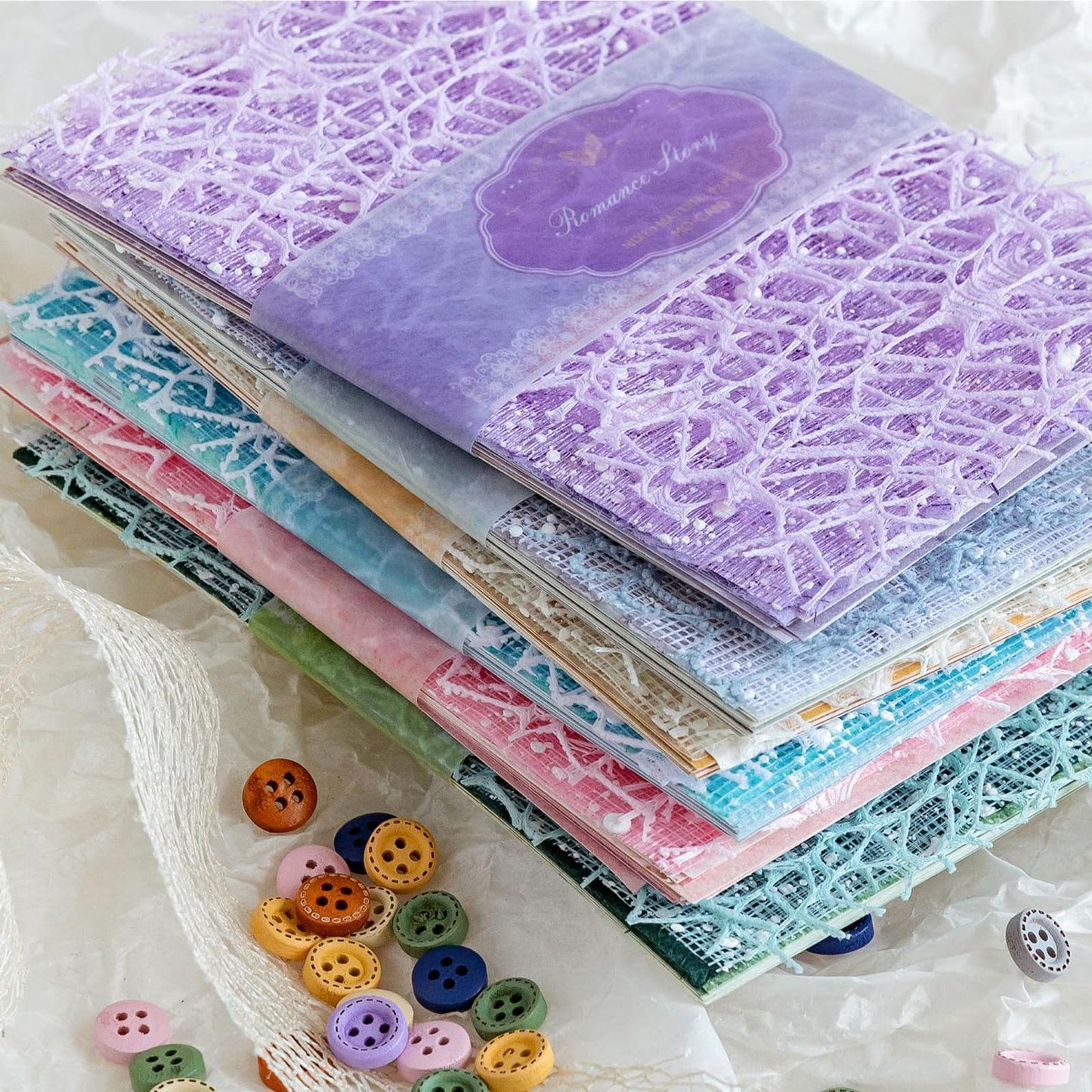 156 Sheets Textured Scrapbook Paper & Mesh Fabric Assorted Set +30 Buttons - 6 Pack Mixed Special Paper for DIY Scrapbooking Planner Bullet Junk Journal Supplies Collage Background 3.9x5.5 Inch
