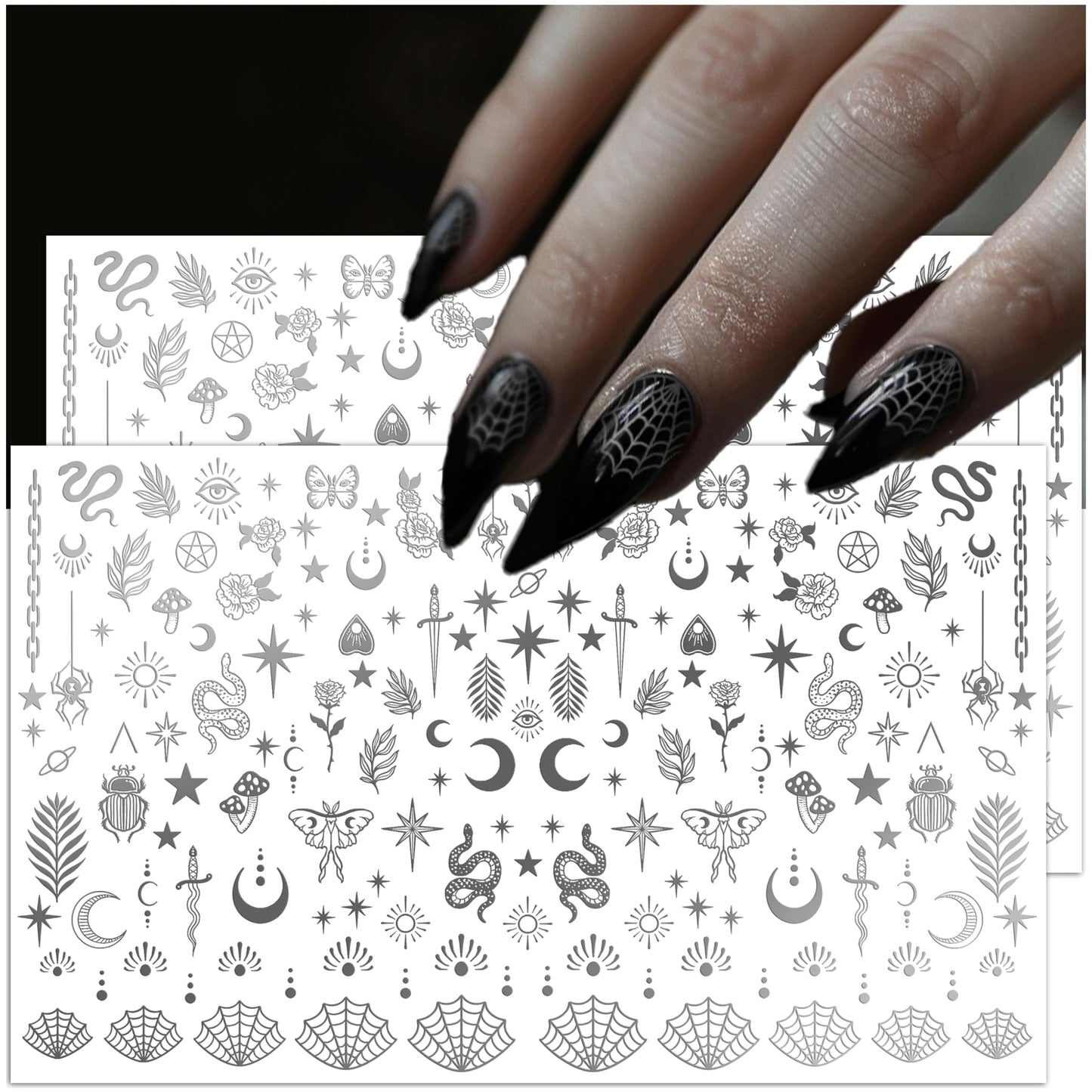 Ectogasm Nail Stickers Metallic Silver Gold Edition | Spooky Witchy Horror Style for Halloween Gothic Fashion Decals - Snakes, Moons, Stars, Cobwebs, Tattoo Art (Silver)