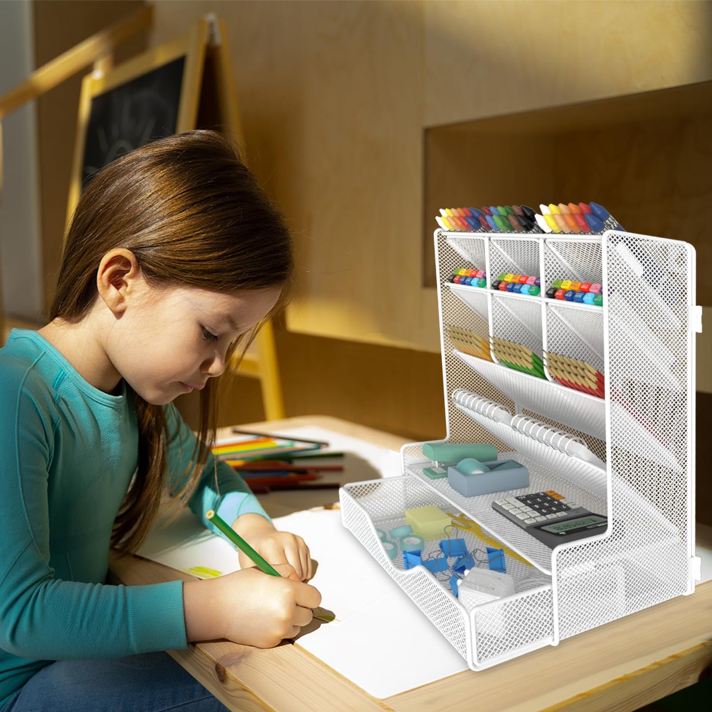 BOHDK Pen Organizer for Desk, Multi-Functional Desk Organizer, Wall Mount Pen Holder with Drawer for School, Office, Home, Art Supplies, White