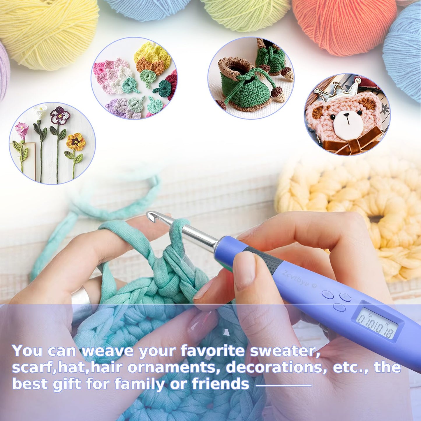 Zcvtbye 18 Size Counting Crochet Hook for Beginners, Lighted Led Digital Row Stitch Counter with Ergonomic Soft Handle, Interchangeable Metal Hook Heads, USB Rechargeable for Dark Yarn