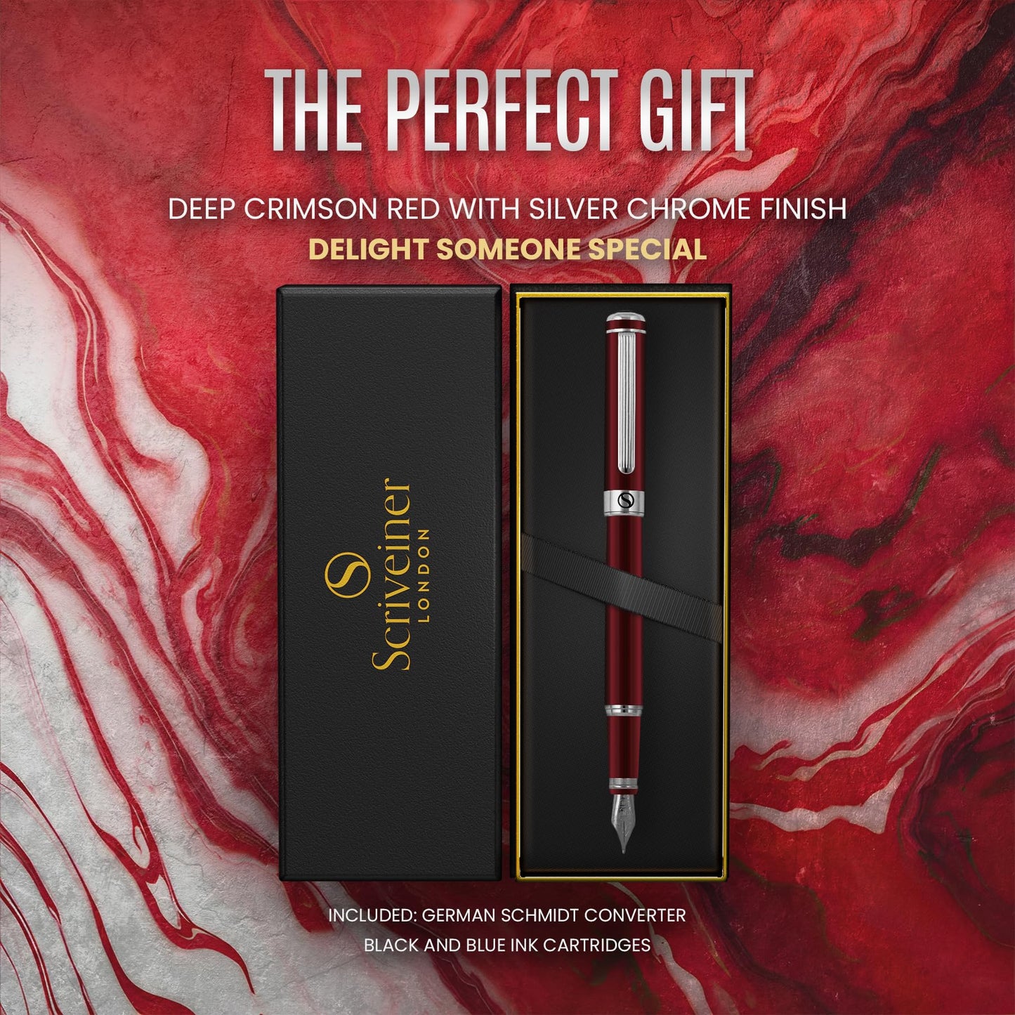 Scriveiner Deep Crimson Red Fountain Pen - Stunning Luxury Pen with Chrome Finish, Schmidt Nib (Medium), Best Pen Gift Set for Men & Women, Professional, Executive, Office, Nice Pens