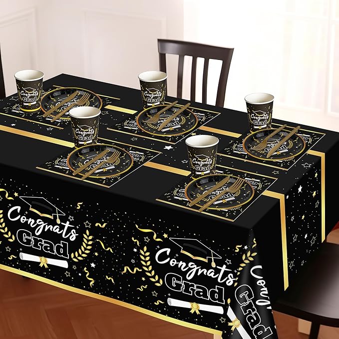 147 Pcs Graduation Party Supplies 2026 for 24 Guests | Black & Gold Disposable Tableware Set with Plates, Cups, Cutlery & Tablecloth
