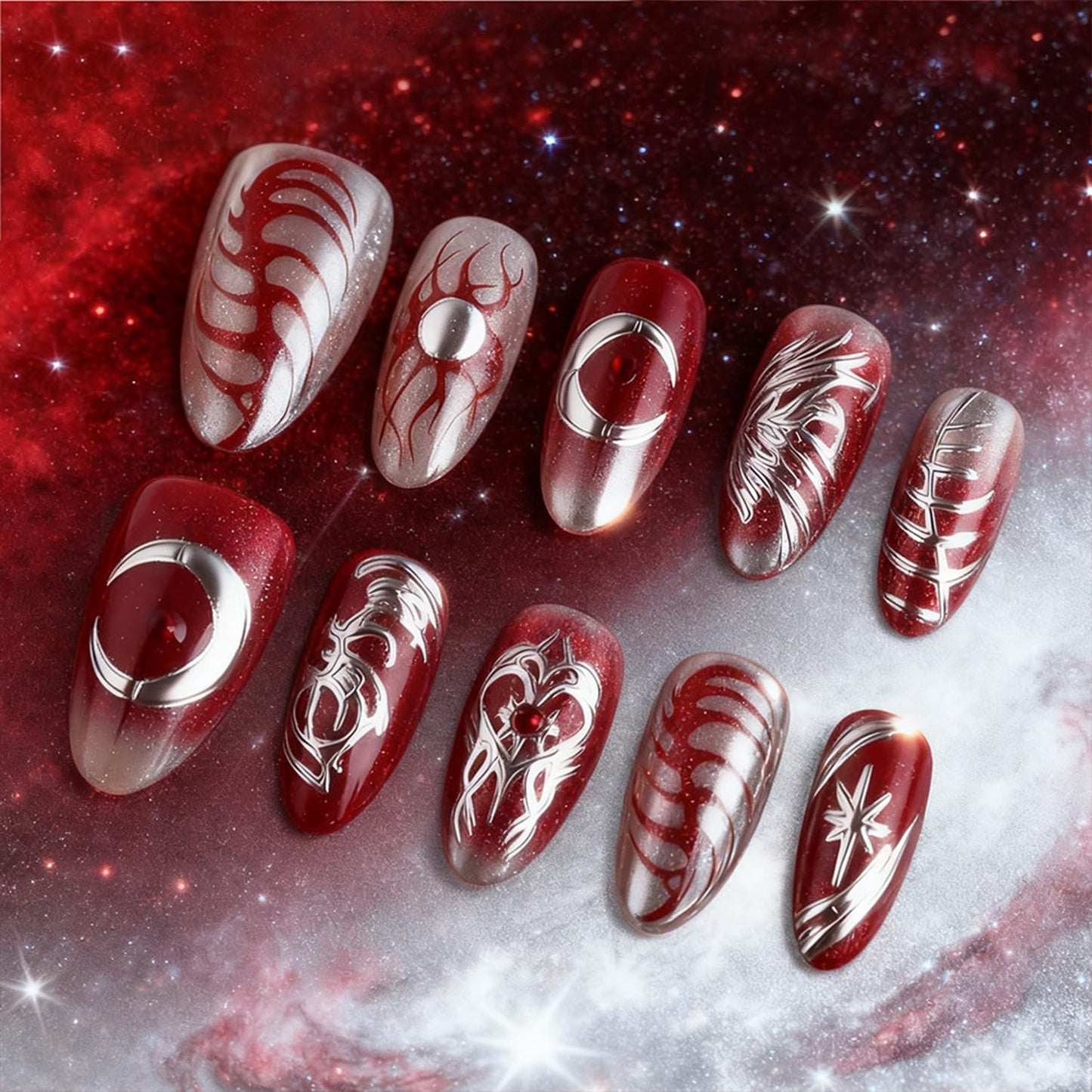 30 Pcs Mirror Press on Nails Silver Heart Moon Fake Nails Red Gradient Acrylic False Nail Medium Oval Glue on Nail for Women