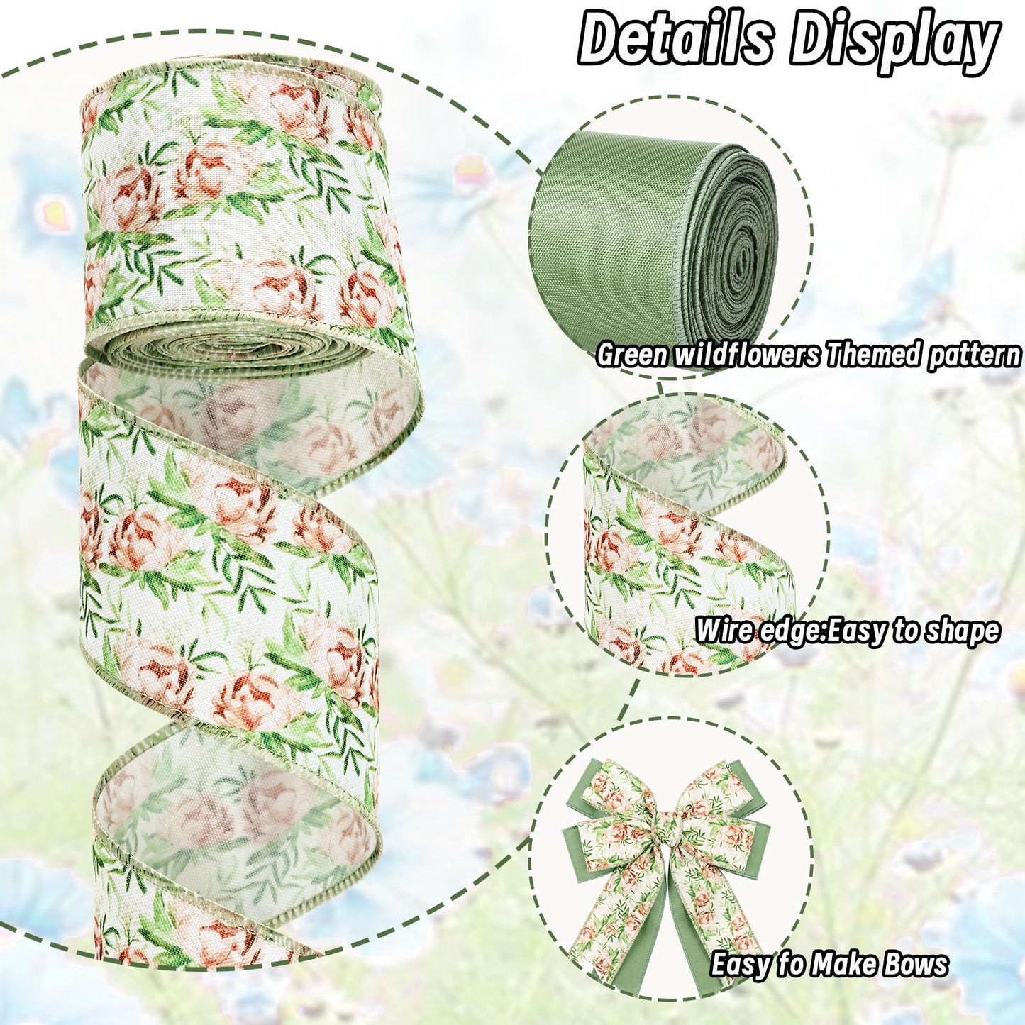 2 Roll 20 Yards Sage Green Floral Wired Edge Ribbon Watercolor Greenery Floral Fabric Ribbon for Spring Summer Wreath Bow Making DIY Crafts Wrapping Party.