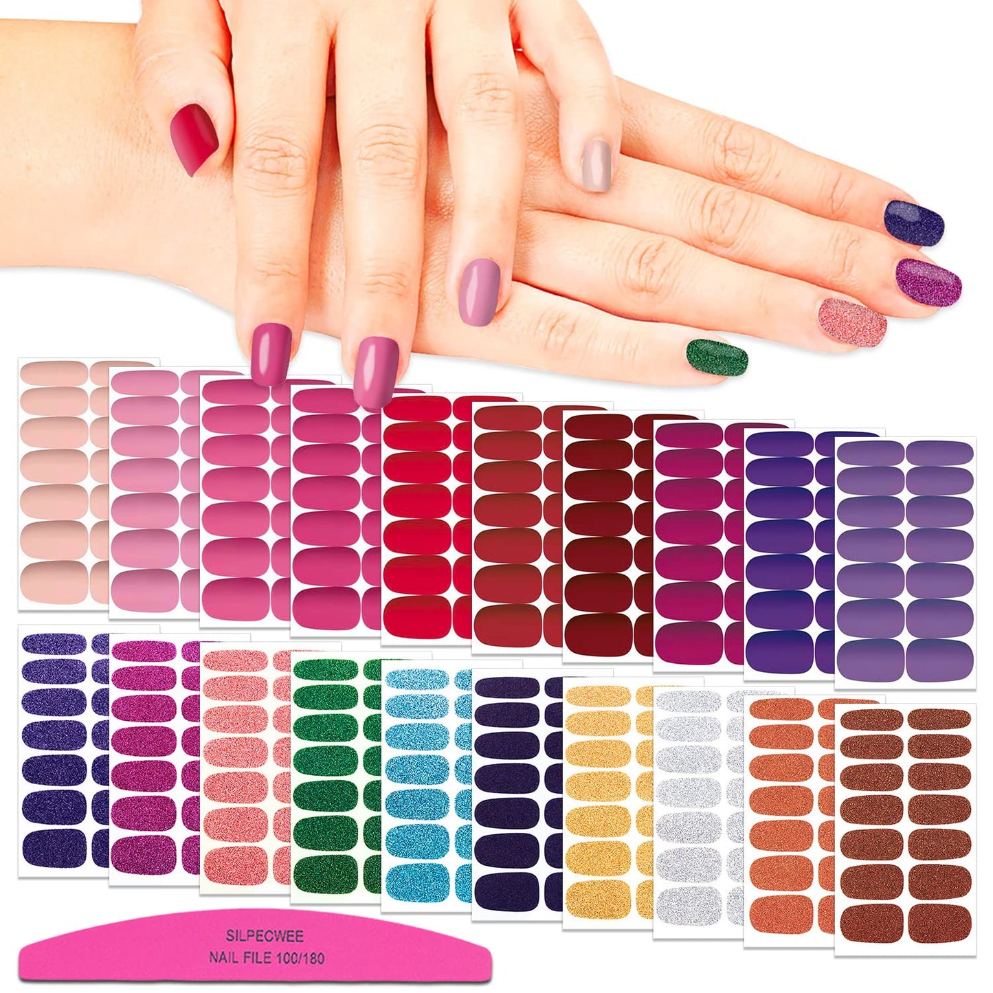 SILPECWEE 20 Sheets Nail Wraps for Women Glitter Solid Color Self Adhesive Nail Polish Strips Nail Sticker Polish Stick on Nails Nail Accessories with 1pc Nail File