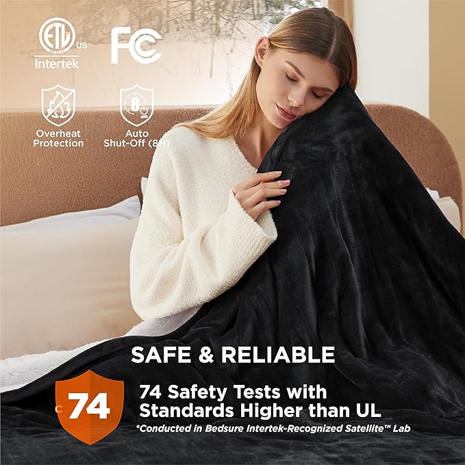 Bedsure Electric Blanket Queen Size - Dual Control Heated Blanket Queen, Fast Heating with 10 Time Settings & 10 Heat Settings, Warm Gift for Grandma (84x90 inches, Black)