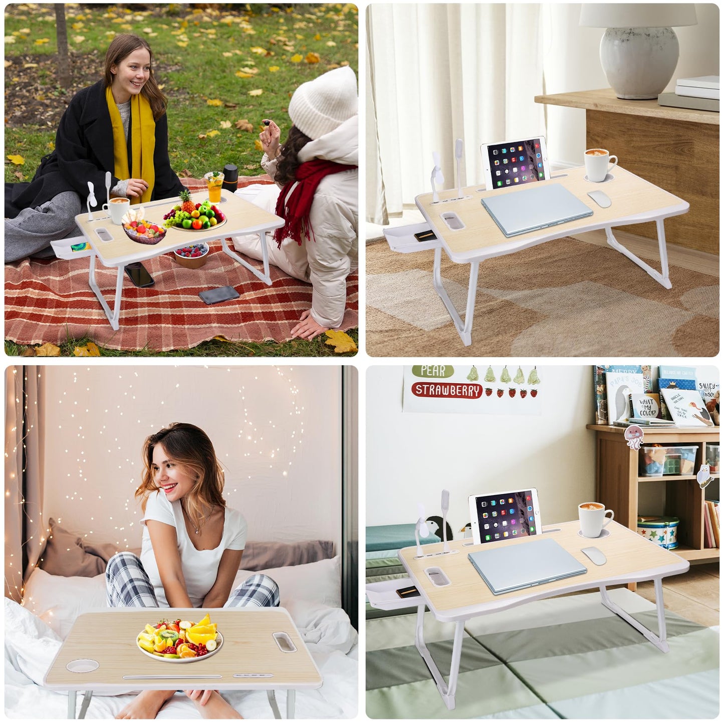 Laptop Bed Table, Laptop Desk for Bed, Foldable Laptop Bed Desk with USB Charge Port, Handle, Desktop Card Slot, Cup Slot, Side Drawer, Laptop Table Portable Notebook Stand for Eating Reading Working