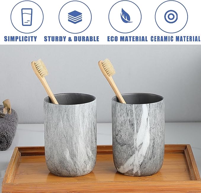 Marble Grey Toothbrush Holders - 2 Ceramic Toothbrush Holders for Bathrooms Toothbrush Toothpaste Holders Set, Grey Bathroom Tumbler Cups Reusable Toothbrush Mouthwash Cup, Bathroom Counter Organizer.