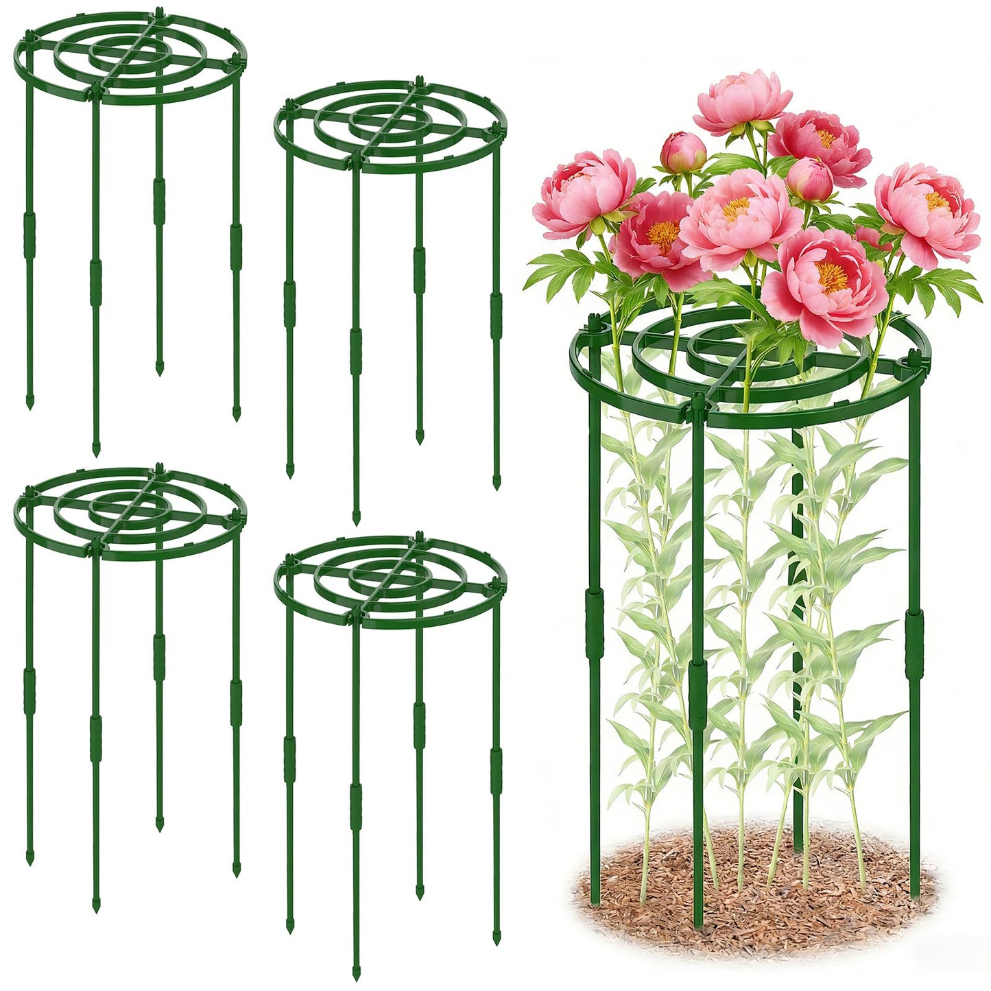 4 Pack Peony Cages and Supports, 11.8" D x 25" H Plant Supports for Outdoor Plants, Peony Support Cage Flower Support Rings, Plant Support Ring for Rose Tomato Hydrangea Strawberry