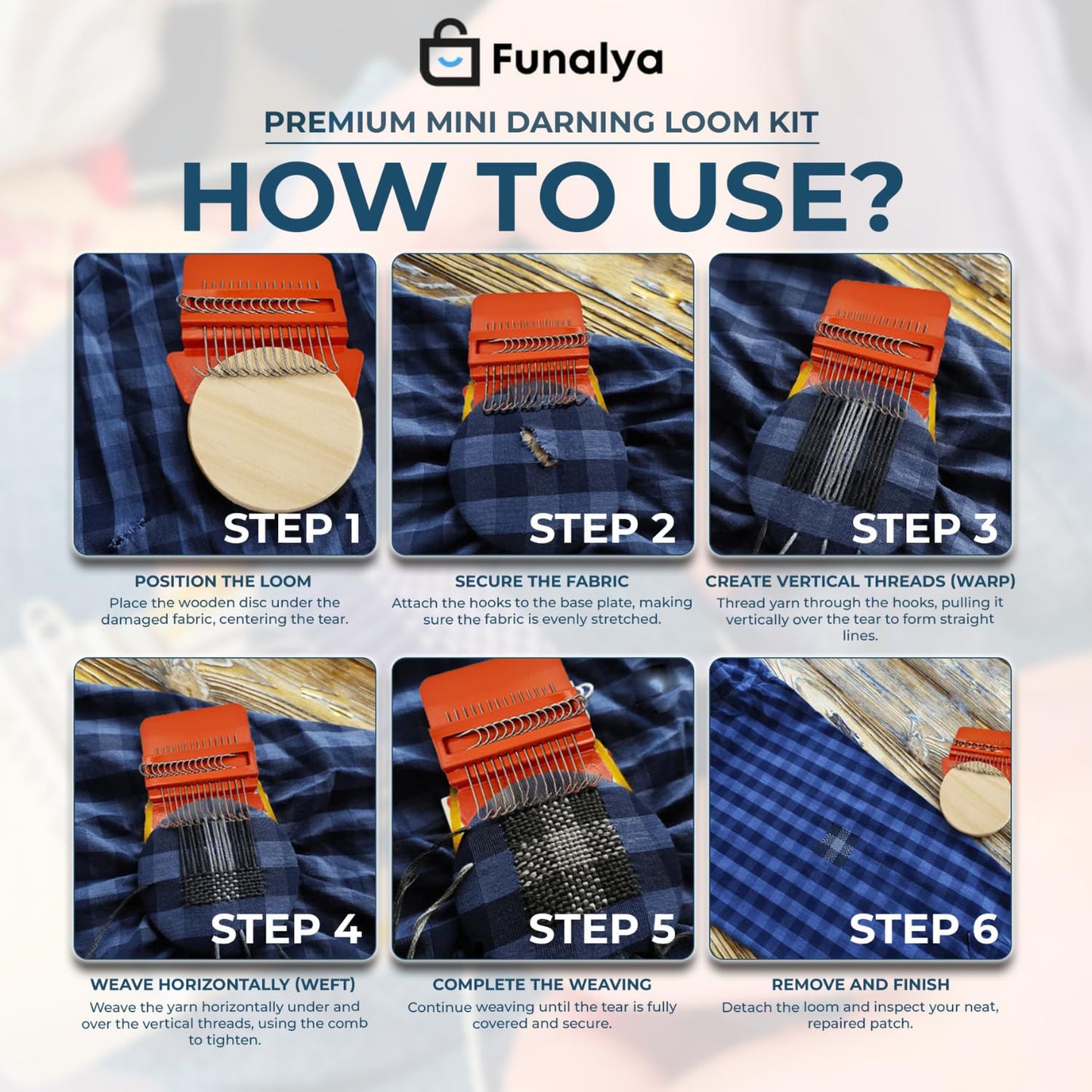 Funalya Mini Loom & Darning Kit with 14 Hooks, 10 Knitting Needles, 50 Colors Thread, DIY Sock Mending Tool, Complete Mini Loom & Darning Kit with Guide (Orange)