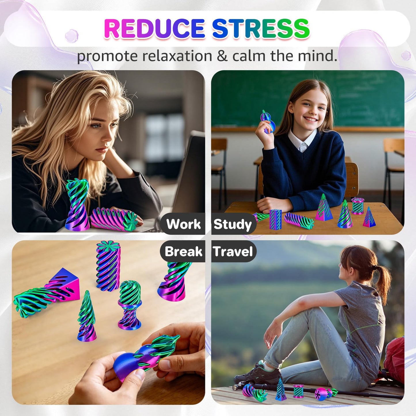 3Dgenius 8 Pack Spiral Cone Fidget Toys 3D Printed Spiral Fidget Toys Impossible Cone 3D Printed Fidgets Impossible Pyramid Passthrough 3D Printed Toys for Adults & Kids for Anxiety Relaxing, 8PCS