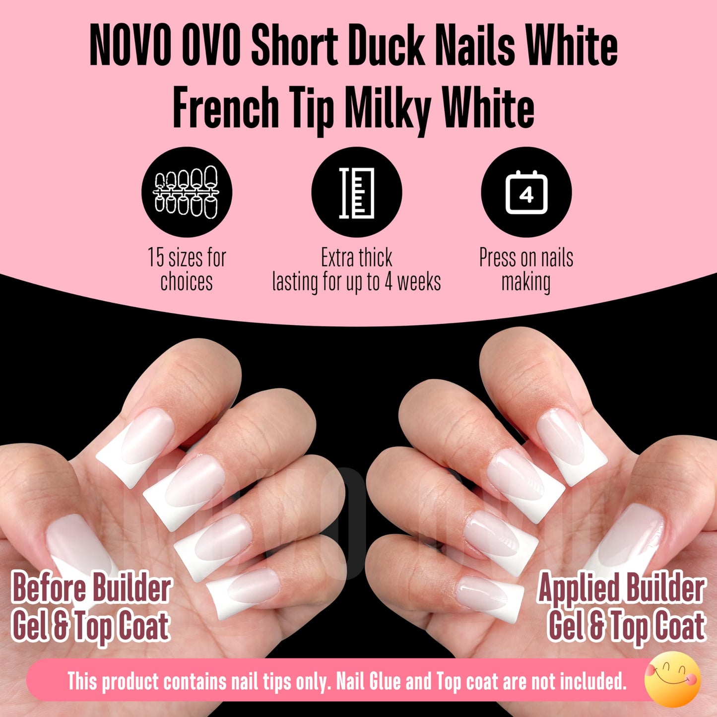 NOVO OVO Short Duck Nail Tips French Tip Press On Milky White, Pre-designed Soft Gel Nail Extension, Need Buider Gel Top Coat, No Glue included, Full Cover Acrylic False Nails for DIYx12 Sizes 360pc