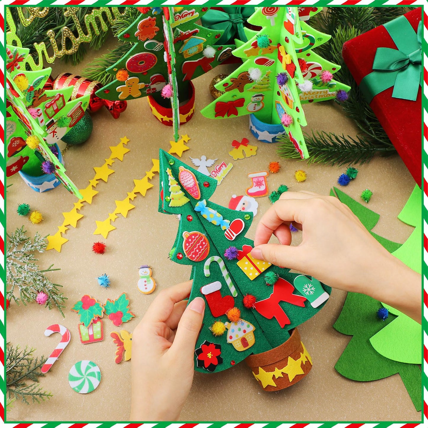 Moucuny 408 Pcs Christmas Tree DIY Craft Kits 3D Christmas Tree Felt Sets Xmas Felt Decorations with Elk Gingerbread Man Penguin Snowman Candy Wreath Stickers for Party Favors Activities