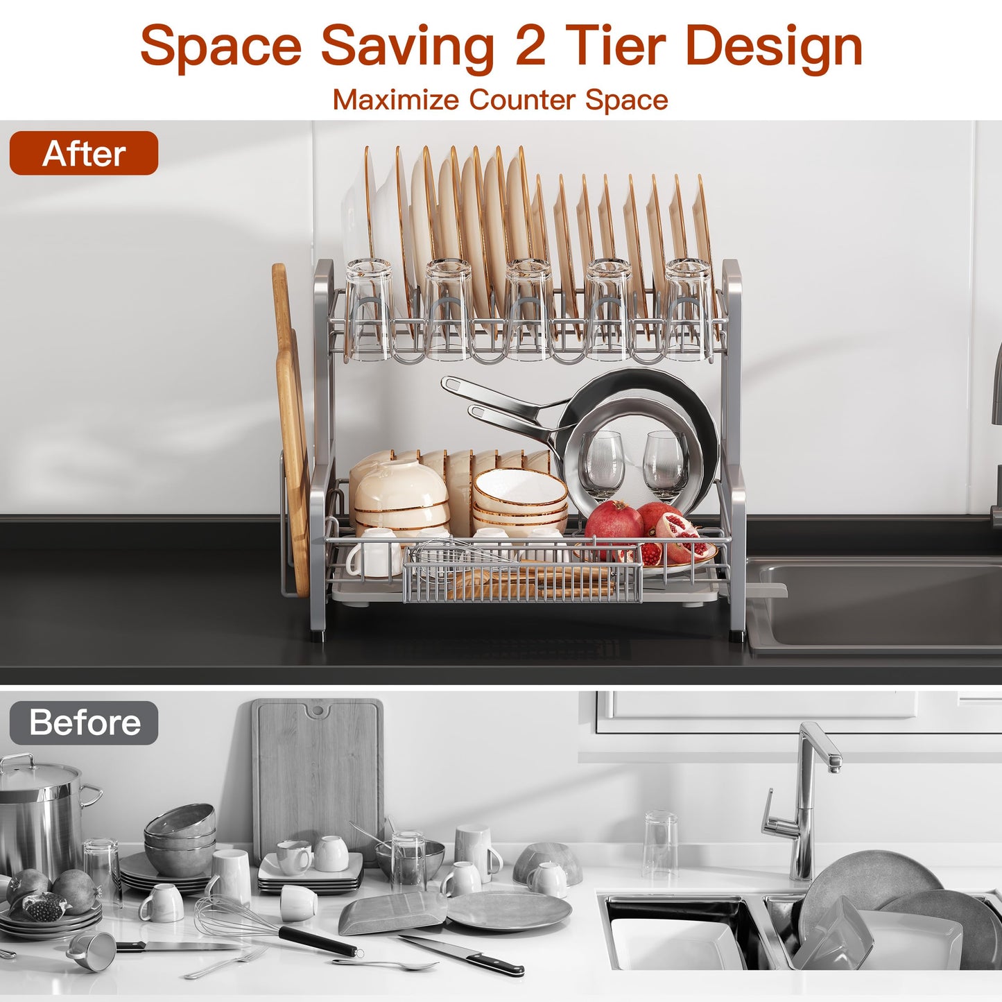 2 Tier Dish Drainer Drying Rack for Kitchen Counter, Large Stainless Steel Dishes Dryer with Drainboard, Space Saving, Big Rustproof Metal Modern Countertop Plates Strainer with Utensil Holder, Sliver