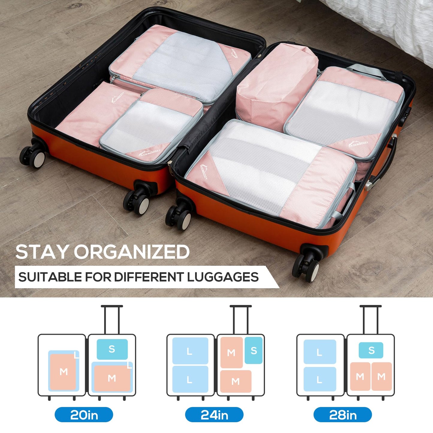 Compression Packing Cubes, 9 Set Packing Cubes for Travel Compression, Lightweight Compressible Package Organizer for Carry On and Suitcases, Pink