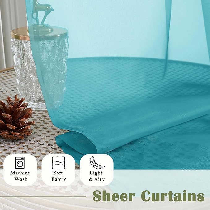 Lecloud Turquoise Sheer Curtains 96 Inches Long 2 Pcs, Light Filtering Window Curtains for Living Room Bedroom Dining Room, Vintage Home Decor Rod Pockets Privacy Drapes, Each Panel 59" W x 96" L
