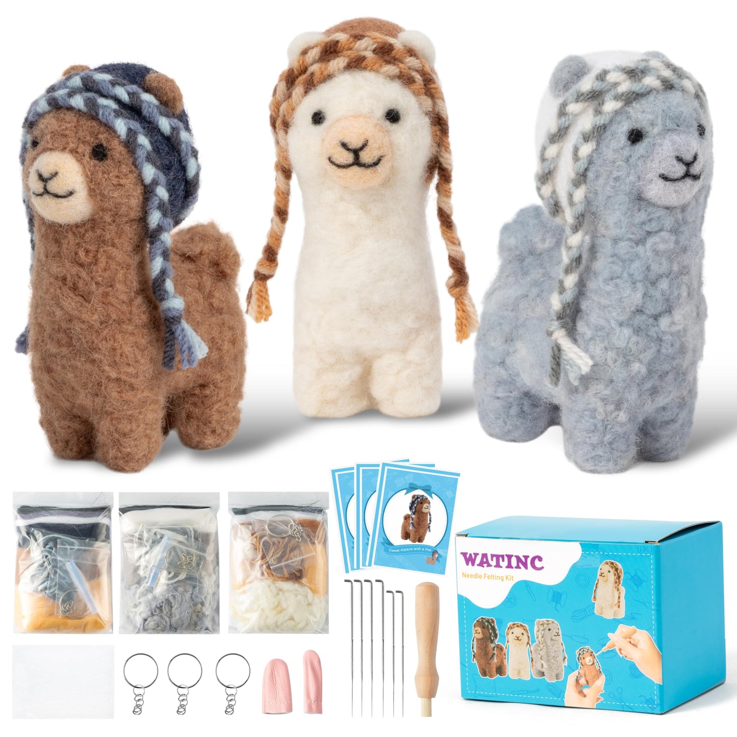WATINC Needle Felting Kit - 3 Set Unique Different Cute Doll Wool Felt Needle Tools Foam Pad Instruction, DIY Home Decoration Craft Party Supplies for Art Work Starter Beginners (Alpaca)