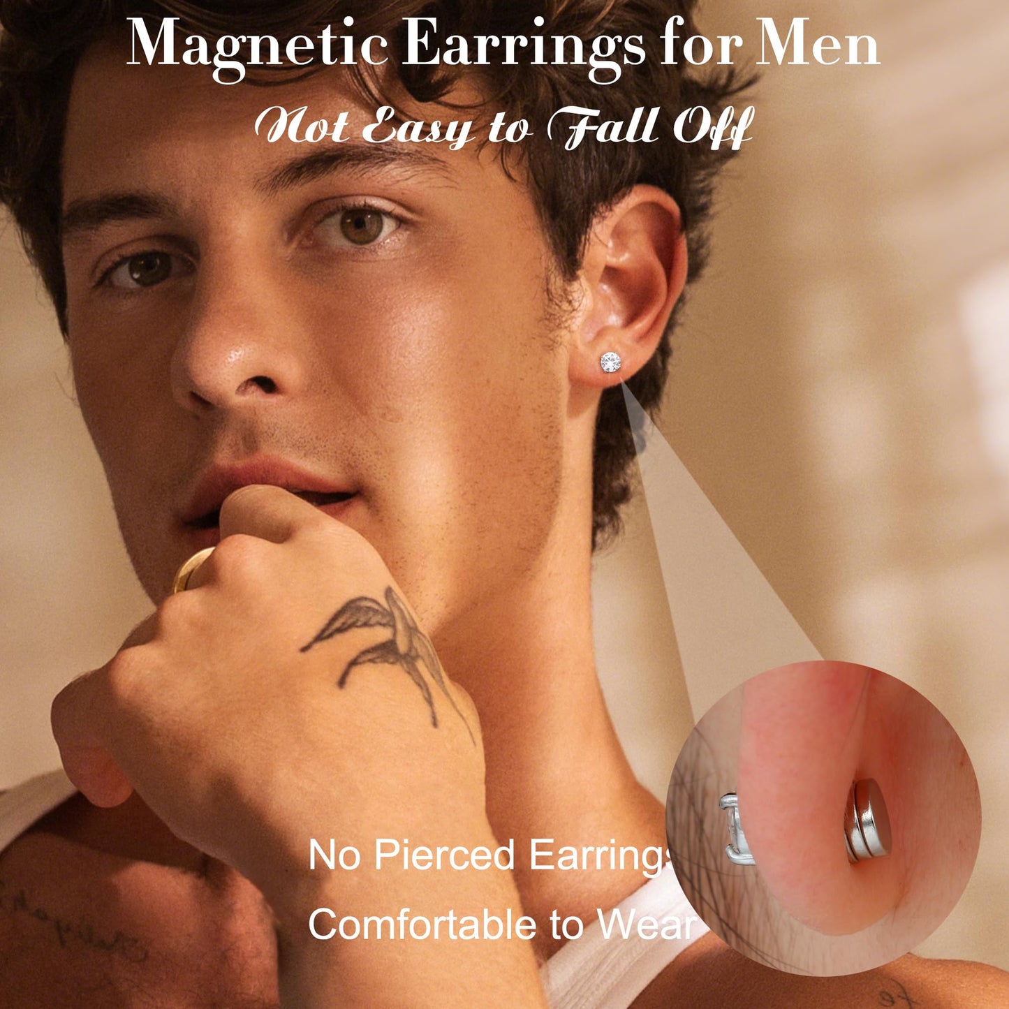 Jstyle 2 Pairs Stainless Steel Magnetic Stud Earrings for Men Women Non-piercing CZ Hypoallergenic 5-8MM