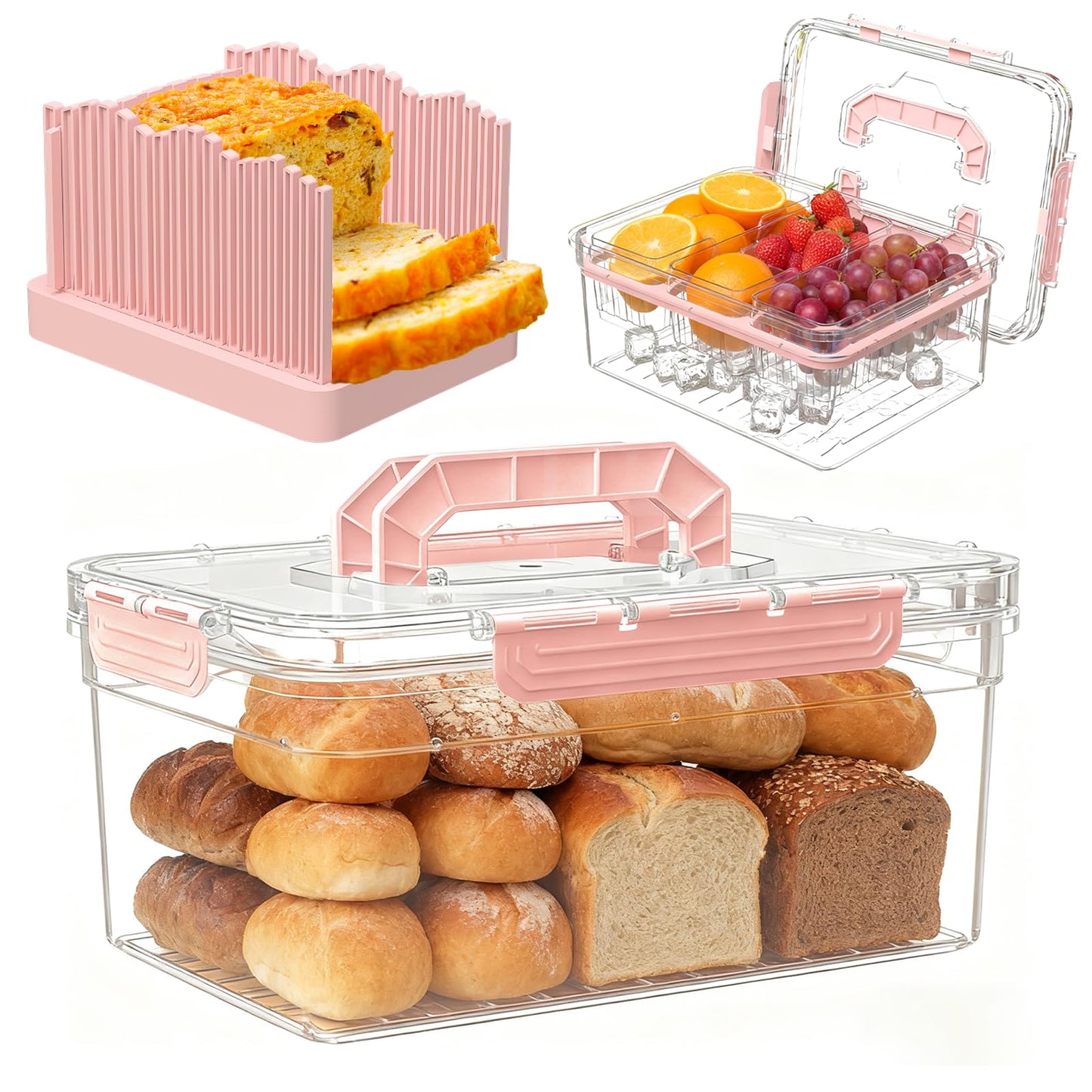 Sorgion Ice Chilled Condiment Caddy with Portable Handle, 5 Compartment Serving Tray with Built-in Bread Slicer and Ice Chamber, Clear Garnish Tray for Bar, Taco Party, BBQ, Picnic & Fruit Pink