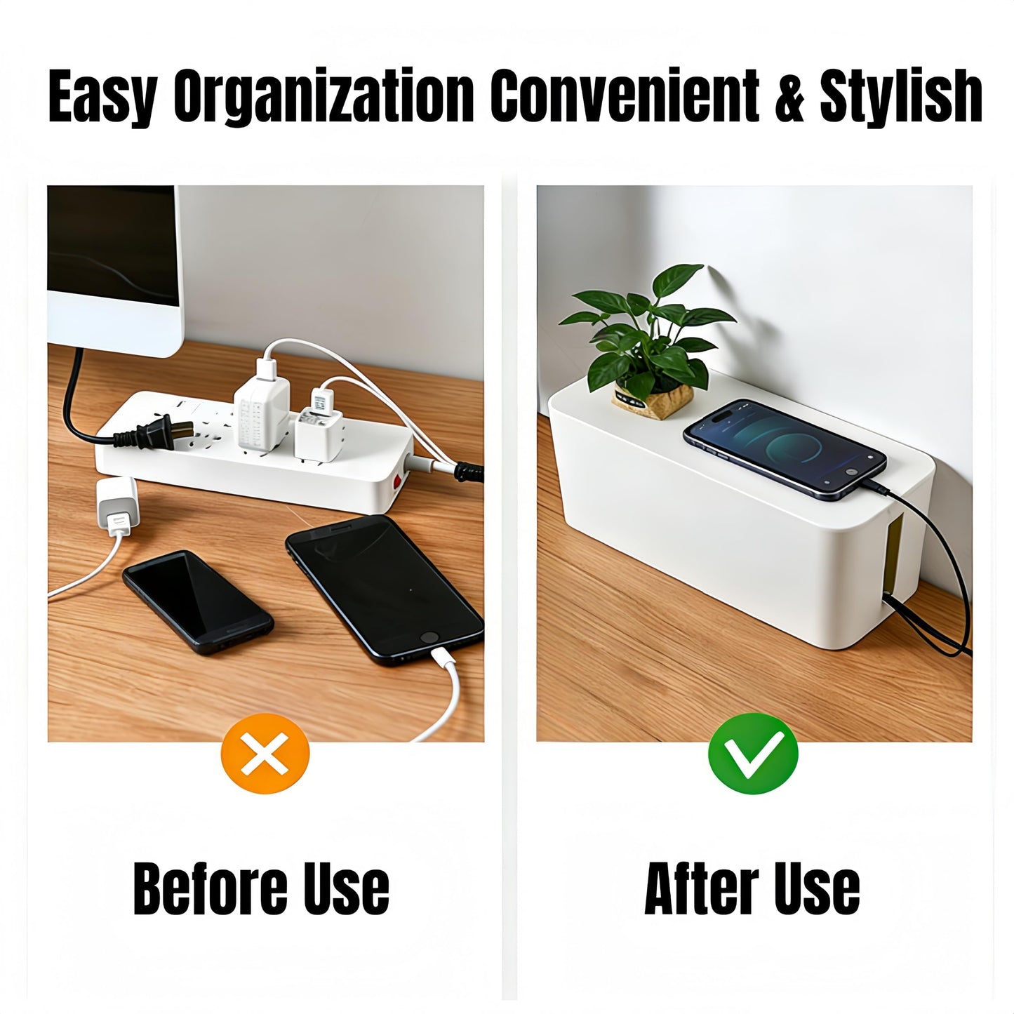 1 Large + 1 Small Cable Management Box Set – 2-Piece Cord Organizer Box, Home Office Desk Wire Storage & Cable Management Solution (Acryliclid lid/White)