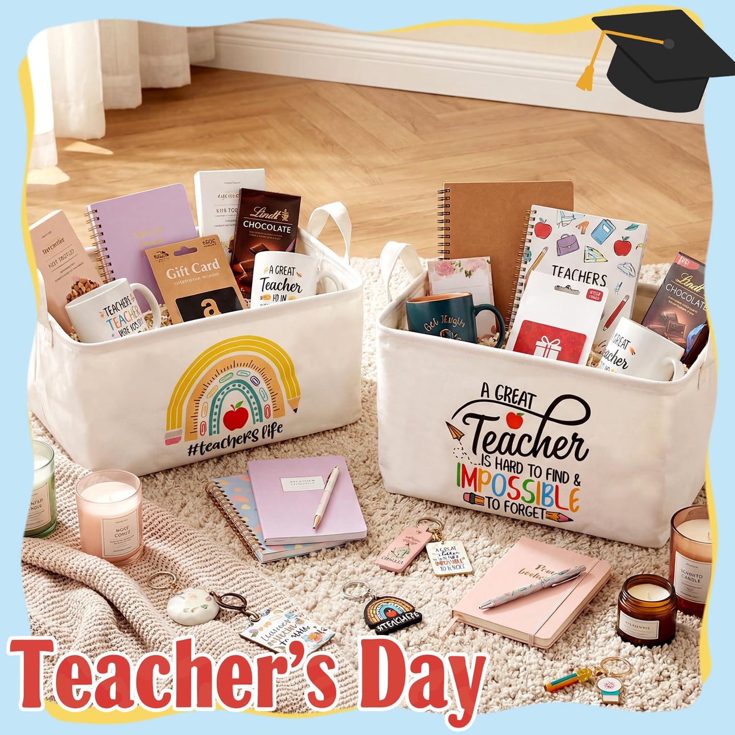 Breling 4 Pcs Teacher Appreciation Gift Basket Empty Best Teacher Ever Storage Baskets with Handle Large Collapsible Storage Bins Box for Teacher's Appreciation Week Book Office, 15 x 10 x 8 in