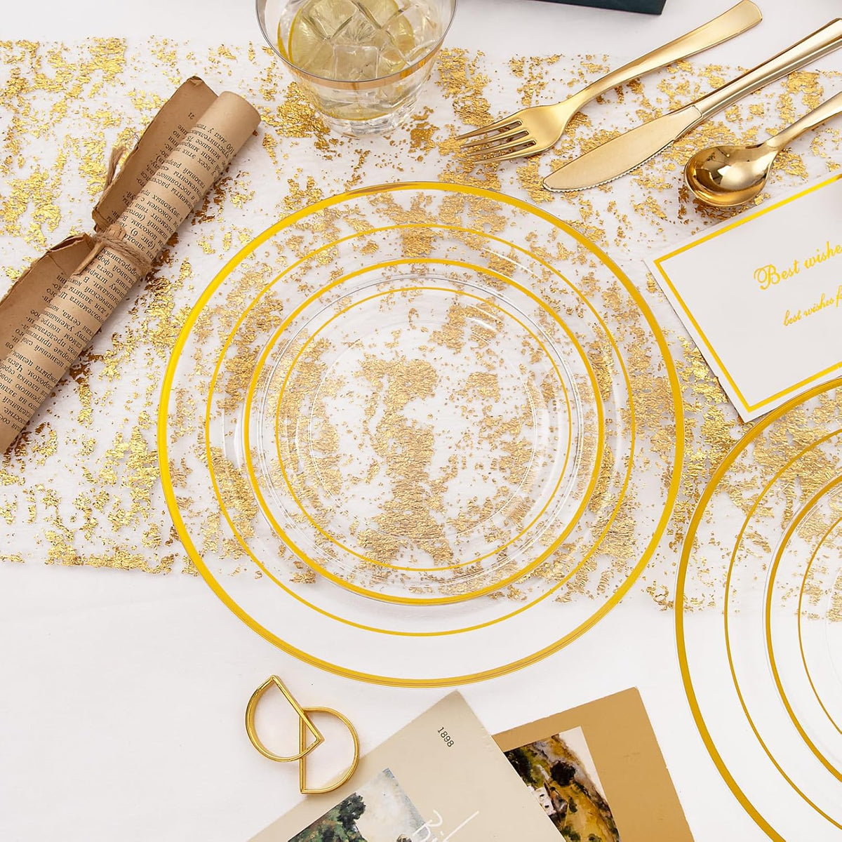 WELLIFE 300Pcs Clear Gold Dinnerware, Clear and Gold Plates Heavy Duty, Including 50 Dinner and 50 Dessert Plates, 50 Cups, 50 Silverware